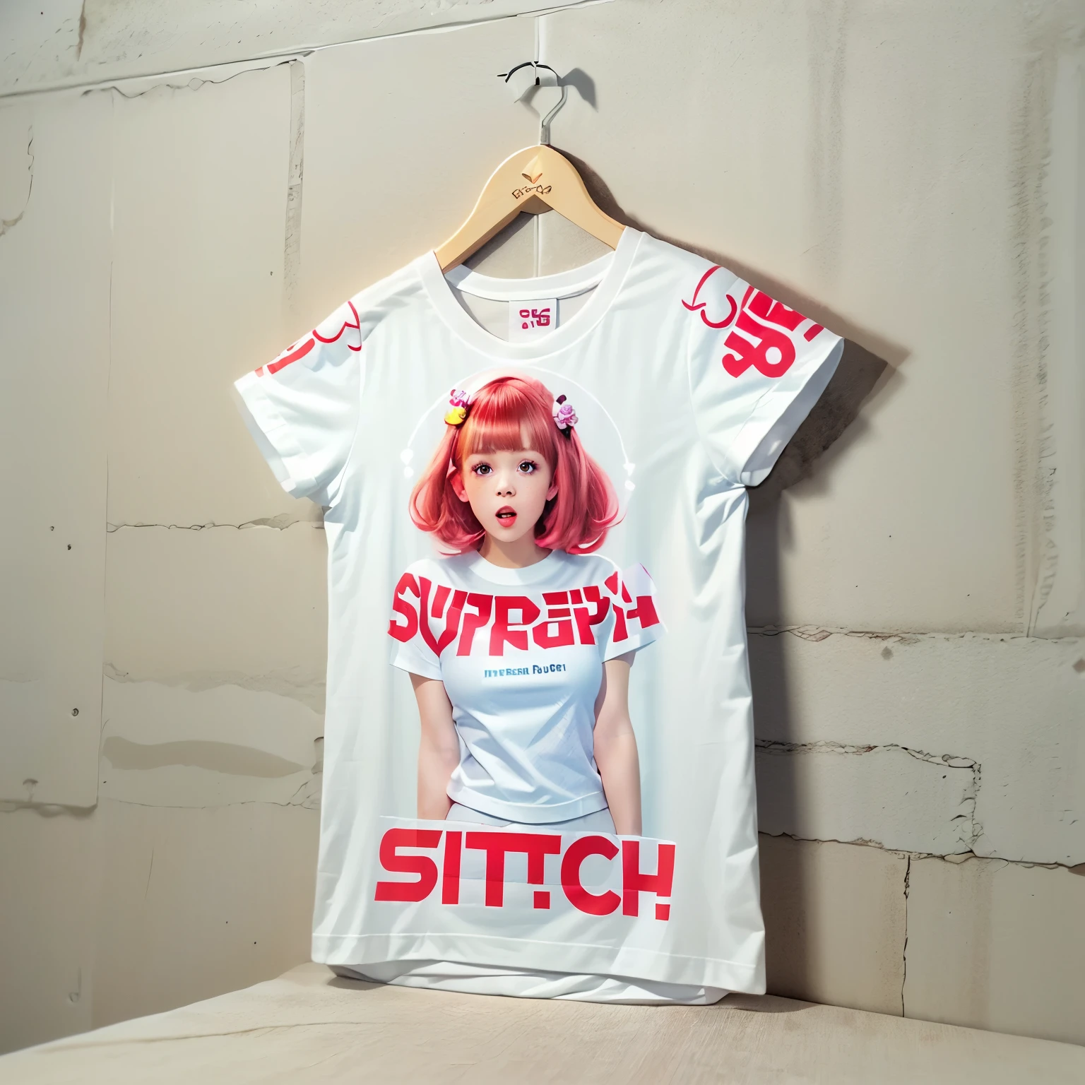 White and Bright Red, (Masterpiece 8K TopQuality:1.2) (ProfessionalPhoto:1.37) ExtremelyDetailed (((PUNIPUNI KAWAII girl in WHITE "SUPER BITCH" Printed T-shirt:1.4))) (Lying FullBody on back from DirectlyAbove:1.28) glowing body