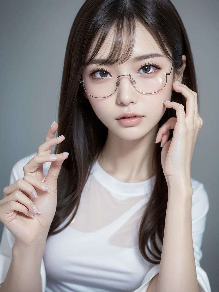 elegant woman, beautiful detailed eyes, beautiful detailed lips, extremely detailed eyes and face, long eyelashes, slender body, thin face, delicate features, flawless porcelain skin, glistening sweat, ultra-fine fingers, best ratio four finger and one thumb, realistic, oversized T-shirt, mini skirt, one-person viewpoint, Fuji Film, F/1.2, 8K, masterpiece, nffsw, super detail, high quality, best quality, high resolution, glasses, mole under right eye, gravure pose, natural hand pose