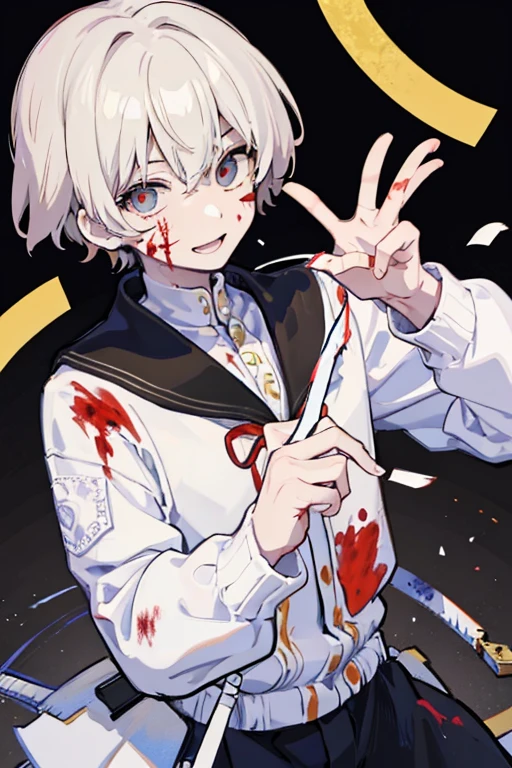 happy man with a knife and blood on his face is yandere kun