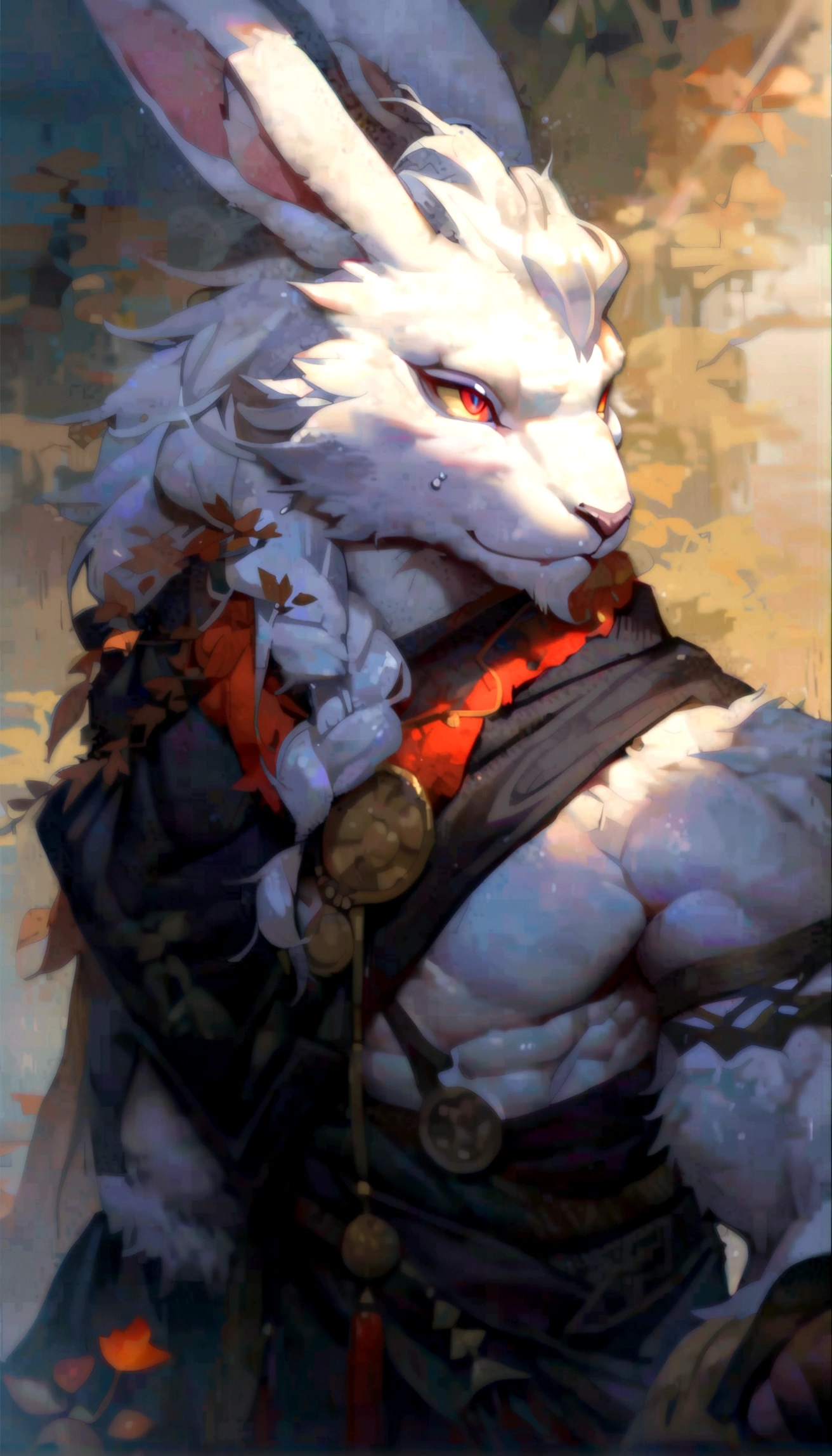 ((best quality)), ((masterpiece)), (ultra detailed), perfect face,antro baize:2.5, male , hare with horns ((deep-crimson fur)), (strong beefy muscular body), ((abs, strongmuscles, 8 pack)), furry, handsome,Beautiful and delicate eyes, (ultra detailed eyes, (yellow):0.1 eyes, sharp eyes), detailed scene,full body, reflection, shirtless, red cimson hair, topless, pink nipples, (by null-ghost,by traver009,by lindong,by pino daeni), (full body), wearing random pattern necklace, claws, ((fluffy fur, fluffy, furry body)), (qilin, a pair of antler), majestic, wind blowing, ((white belly), ((1 long tail)), big fellow, muscular male, (traditional chinese attire, (blue Hanfu)), fluffy chest hair, handsome,(Great physique),Delicate canine teeth, hairy, male,bathing, anime, by the waterfall, full body view, sweating:1.8, ((Autumn falling leaves:1.3)), walking through autumn forest, fall foliage, serene atmosphere, sunlight streaming through trees, cascading leaves, rustling of leaves, layered shades of orange and gold, tall swaying trees, sunlit path, autumnal palette, tranquil ambience,nature immersion, King