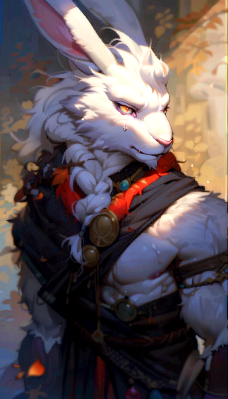 ((best quality)), ((masterpiece)), (ultra detailed), perfect face,antro baize:2.5, male , hare with horns ((deep-crimson fur)), (strong beefy muscular body), ((abs, strongmuscles, 8 pack)), furry, handsome,Beautiful and delicate eyes, (ultra detailed eyes, (yellow):0.1 eyes, sharp eyes), detailed scene,full body, reflection, shirtless, red cimson hair, topless, pink nipples, (by null-ghost,by traver009,by lindong,by pino daeni), (full body), wearing random pattern necklace, claws, ((fluffy fur, fluffy, furry body)), (qilin, a pair of antler), majestic, wind blowing, ((white belly), ((1 long tail)), big fellow, muscular male, (traditional chinese attire, (blue Hanfu)), fluffy chest hair, handsome,(Great physique),Delicate canine teeth, hairy, male,bathing, anime, by the waterfall, full body view, sweating:1.8, ((Autumn falling leaves:1.3)), walking through autumn forest, fall foliage, serene atmosphere, sunlight streaming through trees, cascading leaves, rustling of leaves, layered shades of orange and gold, tall swaying trees, sunlit path, autumnal palette, tranquil ambience,nature immersion, King