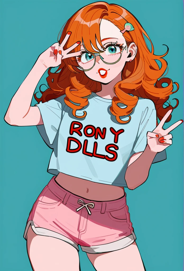 masterpiece, best quality, score_9,ginger hair,piece sign,long curly hair, side bang,hair clips,shorts,woman,lipstick,light pink shorts,light blue croptop,siren glasses,