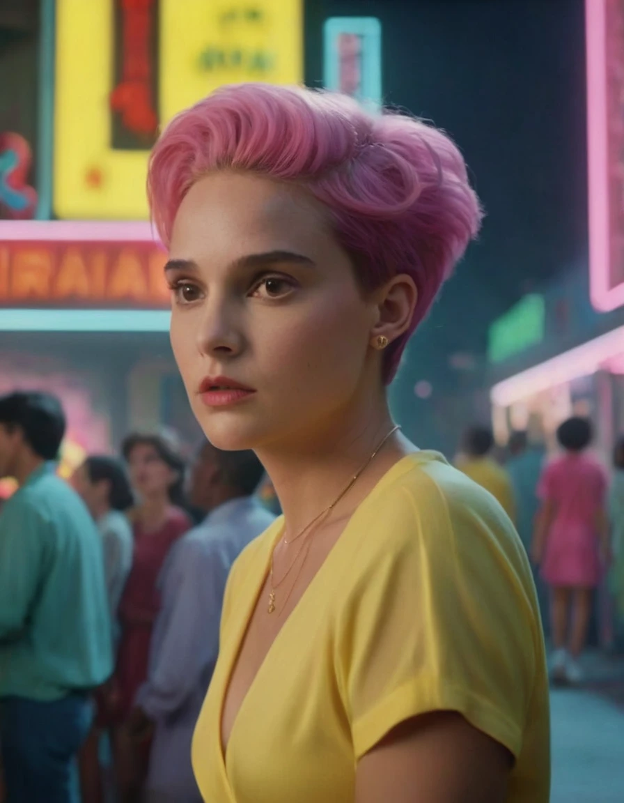 Hyperrealistic art of Cinematic Closeup Shot Film Footage captured by Panavision Cameras and Lenses, young Natalie Portman with a naked short fancy pink hair, yellow crown in her pink hair, woman with a surprise look on her face looking at someone in a surprise look on herface in a room, yellow crown in her hair, yellow blouse, custome of Wanda from Fairly Oddparents, with blur background and perfect warm light on Fright Night 1985 Film Style, Analogic cam, Extremely high-resolution details, photographic, realism pushed to extreme, fine texture, incredibly lifelike