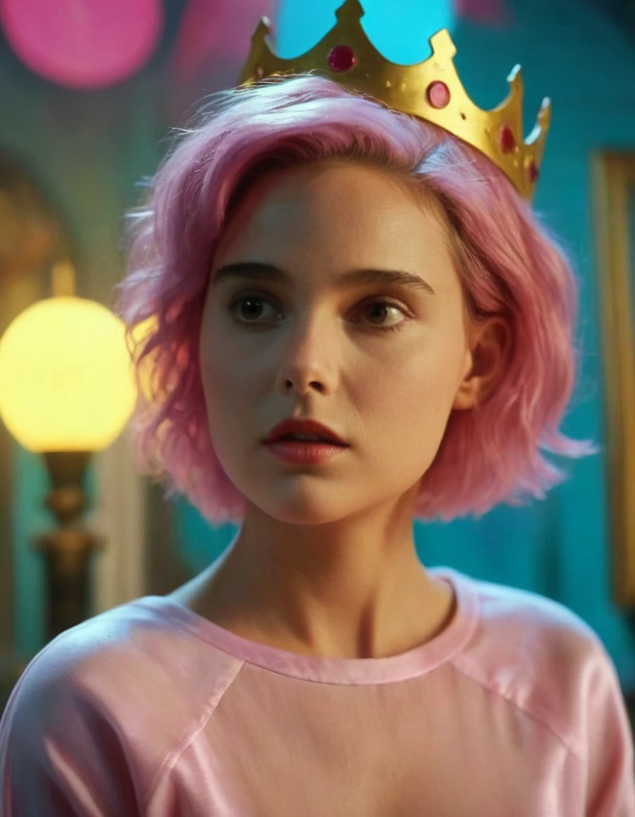 Hyperrealistic art of Cinematic Closeup Shot Film Footage captured by Panavision Cameras and Lenses, young Natalie Portman with a naked short fancy pink hair, yellow crown in her pink hair, woman with a surprise look on her face looking at someone in a surprise look on herface in a room, yellow crown in her hair, yellow blouse, custome of Wanda from Fairly Oddparents, with blur background and perfect warm light on Fright Night 1985 Film Style, Analogic cam, Extremely high-resolution details, photographic, realism pushed to extreme, fine texture, incredibly lifelike