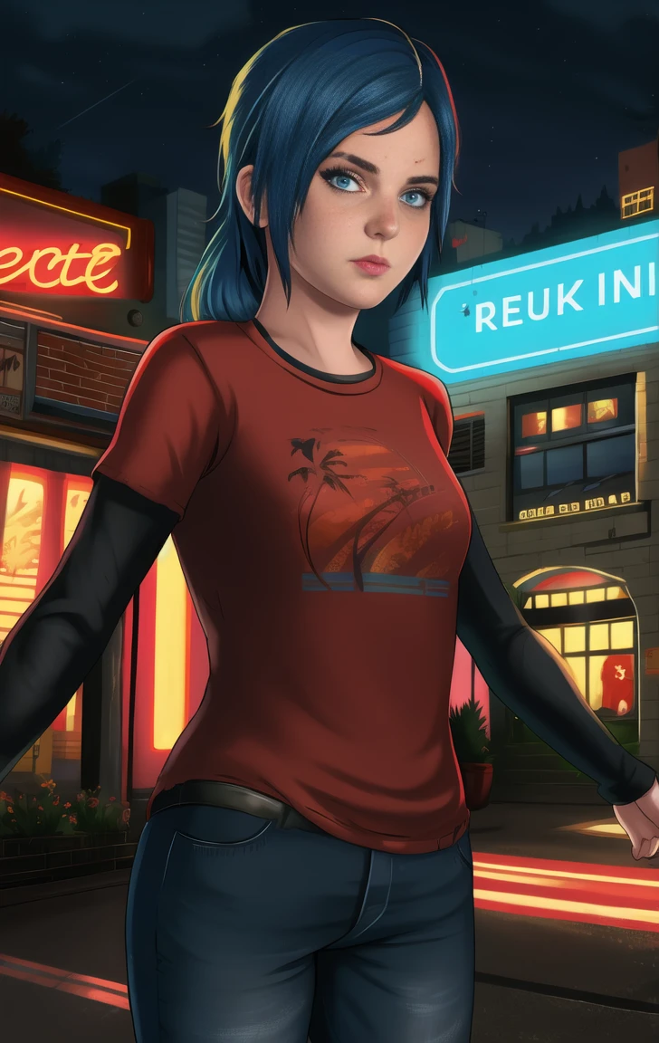 red shirt, long sleeves, standing,  neon lights, night, looking at viewer, blue jeans, solo, fembyleth, blue hair, blue eyes, elliet1