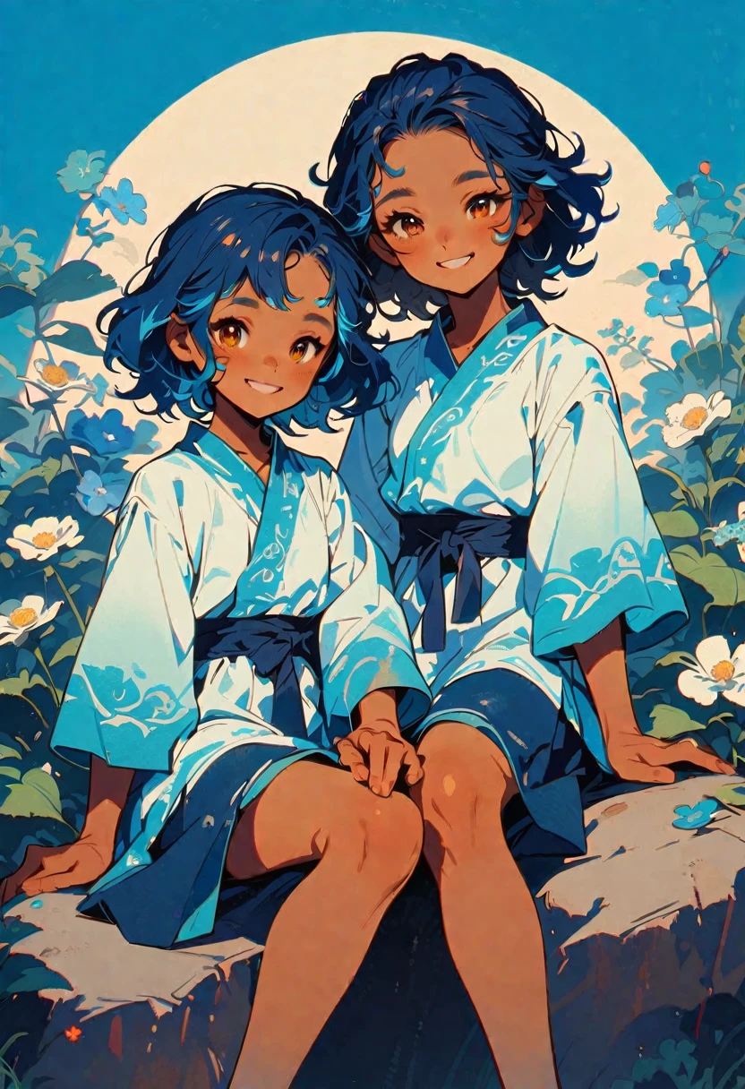 with wavy blue hair with flowers, tanned complexion, brown eyes, lightly made up with blue tones, sitting on a rock, smiling