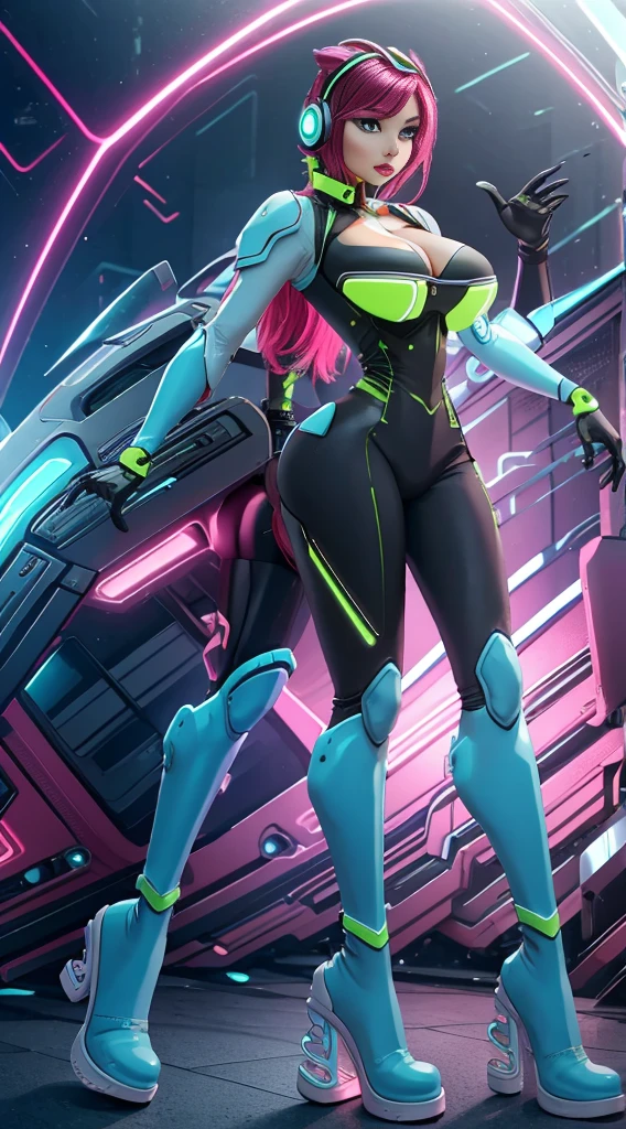 future, neon, tech Valkyrie, technology bodysuit,tech boots, tech gloves, tech headphones, cleavage, fullbody dynamic sexy pose, Tech futuristic armor. 