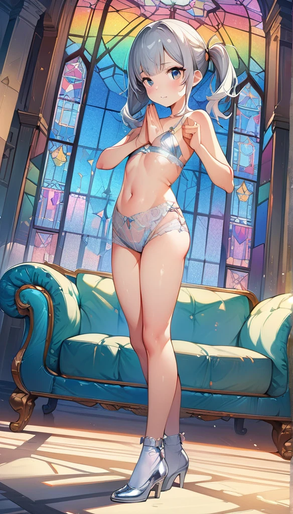 (masterpiece:1.8),(Highest quality:1.8),(Very detailed:1.8),(8k:1.8),(Ultra-fine Illustration:1.5),,,Straight low twintail,Flat Chest,Small Ass,(High-grade metallic silver,,lingerie:1.4),(Prayer Pose:1.5),Vintage sofa,,(Full body angle), Stained glass, Rainbow Gradient, Foundation, nipple piercing