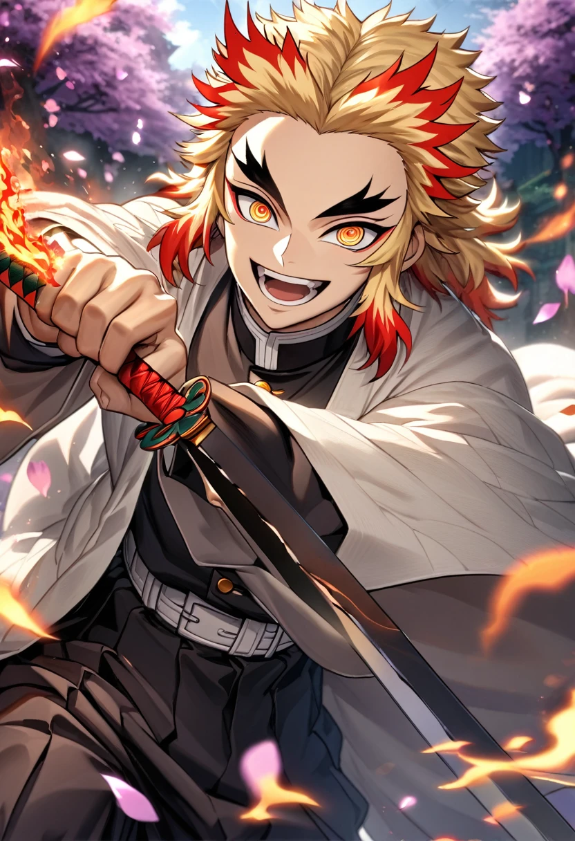 Ultra detailed, Highres, absurdres, HDR, Rengoku Kyojuro, golden eyes, blond hair, flames around him, holding sword, Kimetsu No Yaiba, white haori, black demon uniform, purple leaves, petals, smile,open mouth,fighting pose