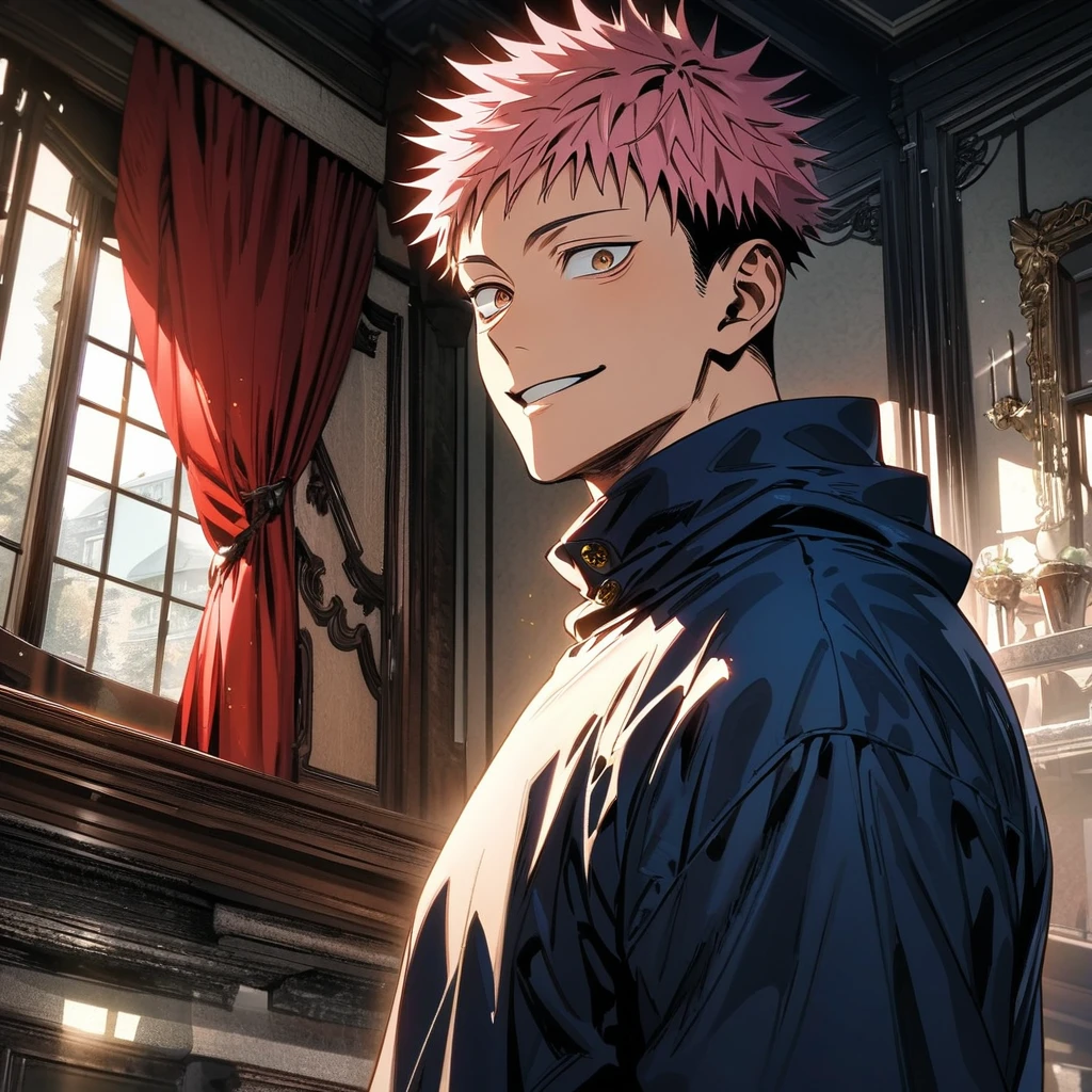Ultra detailed, Highres, absurdres, HDR, Itadori Yuji, pink hair, brown eyes, blue jacket, white t-shirt, Jujutsu Kaisen, smiling, handsome, mansion, 1 man only, window, red curtains,