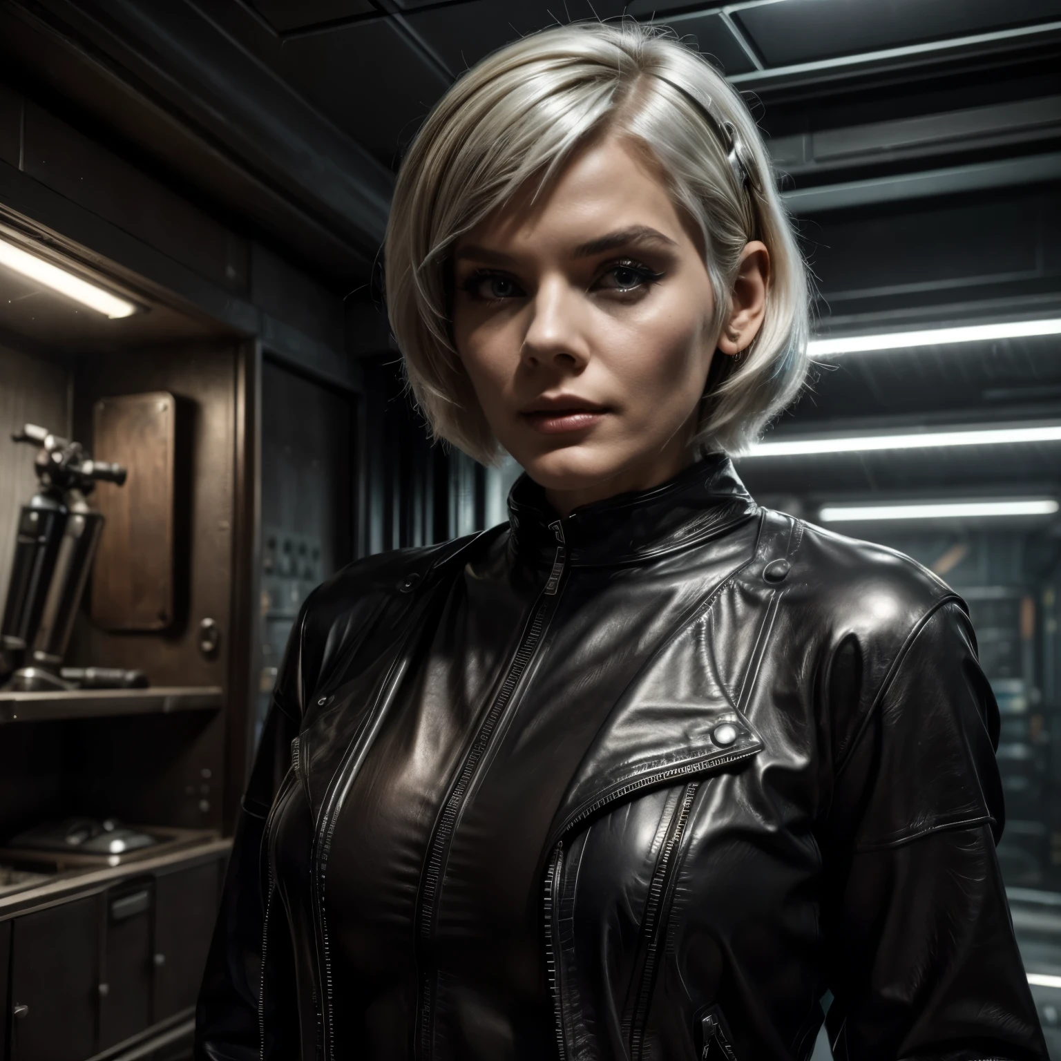 (((Old science fiction TV series))), Fotografia, Extremamente realista, Scene from an old science fiction TV series from the 1950s with an actress in a futuristic apartment, blond woman in black leather jacket and silver makeup posing, wearing cyberpunk leather jacket, jacket over bare torso, 2 b, 2b, cyborg - girl with silver hair, styled like ghost in the shell, dressed in short leather jacket, leather clothing, she wears leather jacket, nier inspired, cosplay on black harley queen, girl with short white hair (((anos de 1950))), Ancient aesthetics,
