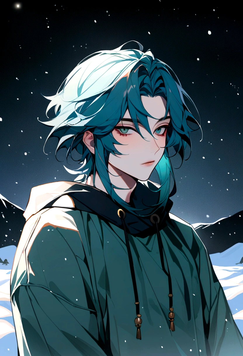 A man in a sweatshirt, Standing in the snow, Poker face, close up, Inspired by Cai Xukun, Shin Jinying, Cheng Yanjun, Ruan Jian, Bian Luan, Jia Ruian