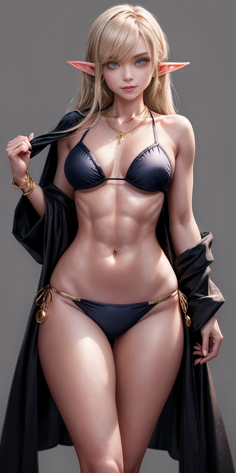 ((pixel art))((1 girl)) whole body, standing, gray skin, drow, elf, maduro, Detailed happy face, purple eyes, by white, black bikini, ABS, Large knockers, gold chain necklace, stomach tattoo (red tattoo)