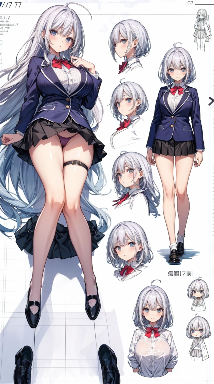 girl, alone, whole body, From head to toe, Are standing, (Huge_chest:1.3),

Character design sheet, Character Reference Sheet, 設計図のSchematic, Drafting, Blueprint, Schematic,
((Character design sheet:1.7, Character Reference Sheet:1.7,)),

anime/cartoon character wearing a girls , 1girl, alone, Thigh-high socks, blazer burezaa (blazer), Ahoge, Long Hair, bow, , shoes, loafers, ribbon, (Very short skirt:1.4), (panties:1.5),, (Good:1.5),In underwear:1.5,nsfw