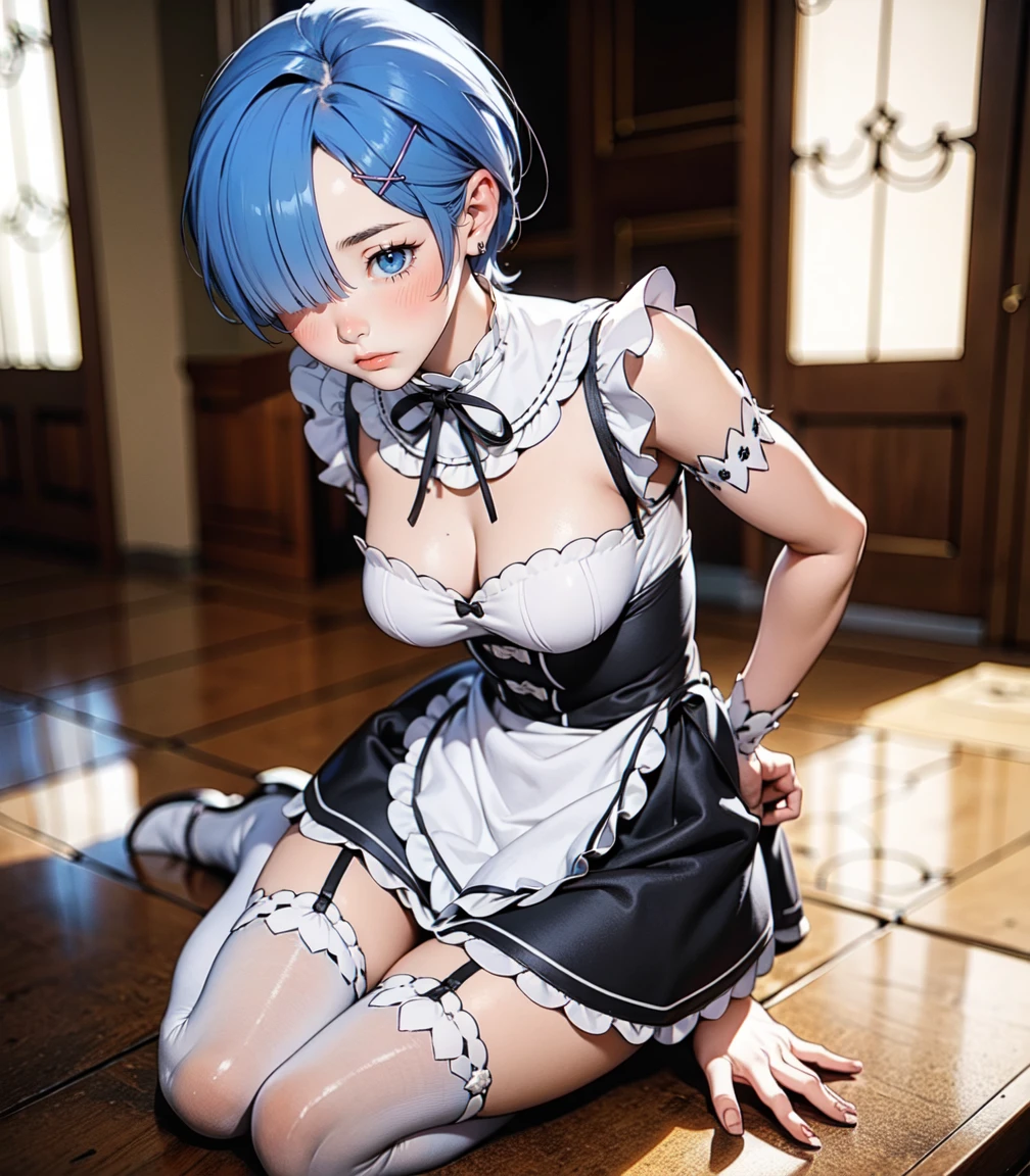 Masterpiece, best quality, 16k resolution, NVIDIA RTX Ray Tracing technology, Create a 4K resolution, ultra-realistic, and extremely detailed artwork, award winning, retina, soft light, sharp focus.(hyper-realistic:1.4) , (medium shot:1.5)

Rem from rezero, (remrin), cute, lustrous skin, enchanting gaze, blue hair, short hair, (hair over one eye:1.3), blue eyes, roswaal mansion maid uniform, black skirt, garter belt, intricate lace, apron, white thighhighs, looking at viewer, strongly ashamed, embarrased, blushing, epic, cinematic, dramatic, reflective, shining, purple glow, big breasts, cleavage, sexy, modeling pose, turned

smooth perfect skin, smooth_skin

Beautiful、(red blush)、big breasts, 

FULL BODY SHOT, ultra wide angle, textured skin, face detail, clean skin, perfect hands, perfect anatomy, anatomically correct