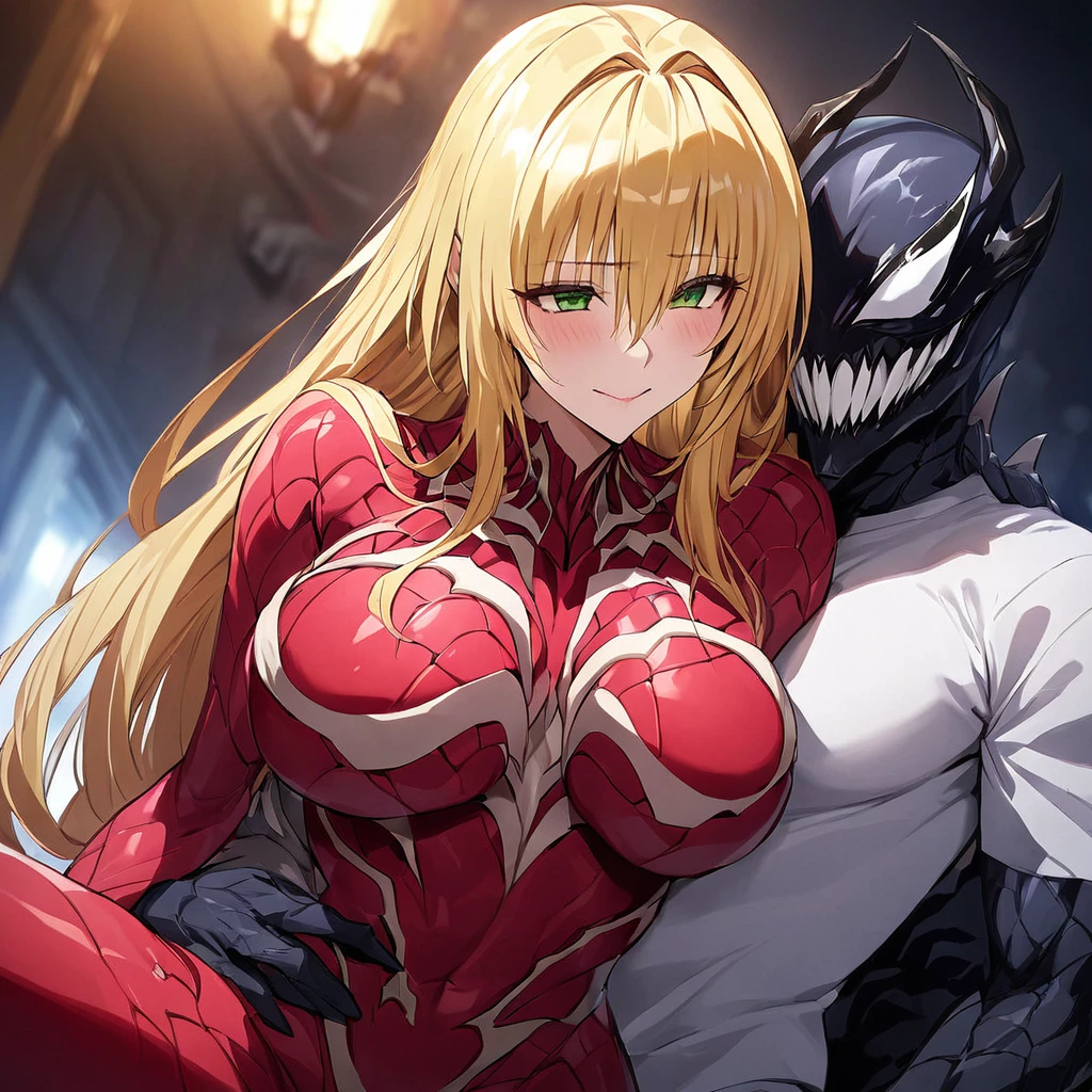 ((Highest quality)), ((masterpiece)), (detailed), (Perfect Face)、The Venom woman is Tearju, a green-eyed, blonde, medium-long-haired female Venom who has completely transformed into Venom and is wearing a red Venom suit that fits her entire body, including her head, covering the entire woman, and she has been reborn as the complete Venom Queen.、The woman is happily snuggling up to the male Venom King and holding a Venom baby.、The man is a Venom King with a strong and dignified body based on dark blue, and he is loved.、A happy and loving couple, King and Queen