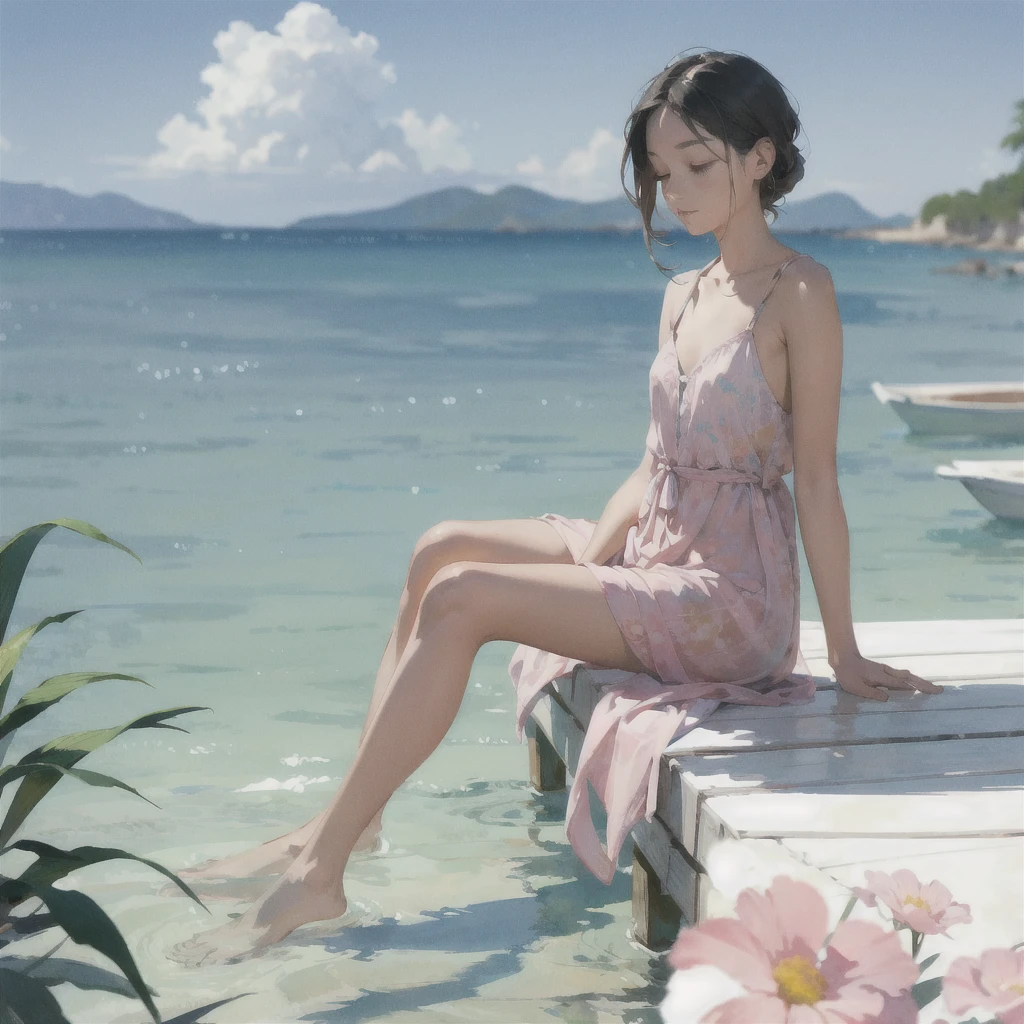Tranquil voyager girl, in watercolor style, Photorealism, discreet pink and mint shades, barefoot