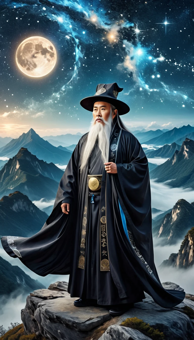 a wise old Chinese Taoist sorcerer in flowing black robe, long white beard and eyebrows, wearing a traditional scholar's hat, standing on a mountain peak gazing at the starry night sky, surrounded by glowing mystical runes and symbols, ethereal atmosphere, highly detailed, cinematic lighting, digital art, concept art, fantasy