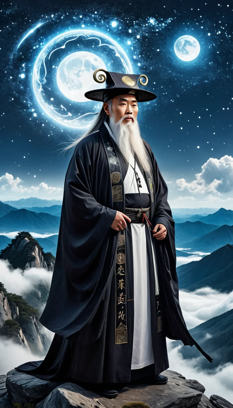 a wise old Chinese Taoist sorcerer in flowing black robe, long white beard and eyebrows, wearing a traditional scholar's hat, standing on a mountain peak gazing at the starry night sky, surrounded by glowing mystical runes and symbols, ethereal atmosphere, highly detailed, cinematic lighting, digital art, concept art, fantasy