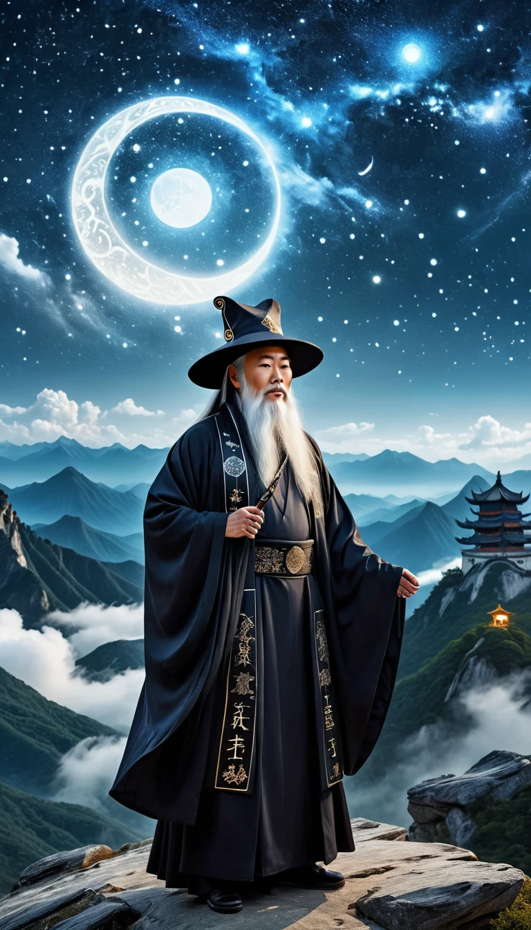 a wise old Chinese Taoist sorcerer in flowing black robe, long white beard and eyebrows, wearing a traditional scholar's hat, standing on a mountain peak gazing at the starry night sky, surrounded by glowing mystical runes and symbols, ethereal atmosphere, highly detailed, cinematic lighting, digital art, concept art, fantasy