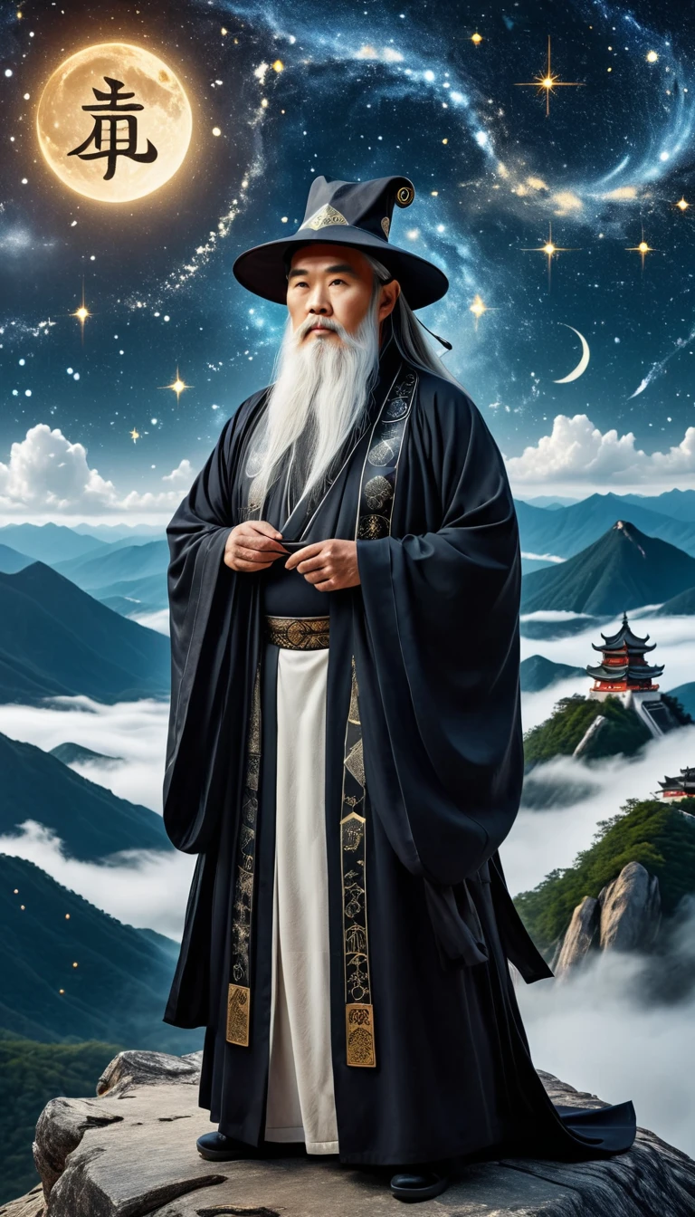 a wise old Chinese Taoist sorcerer in flowing black robe, long white beard and eyebrows, wearing a traditional scholar's hat, standing on a mountain peak gazing at the starry night sky, surrounded by glowing mystical runes and symbols, ethereal atmosphere, highly detailed, cinematic lighting, digital art, concept art, fantasy