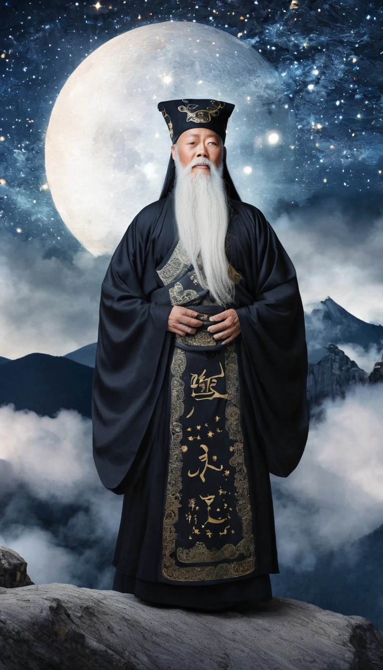 a wise old Chinese Taoist sorcerer in flowing black robe, long white beard and eyebrows, wearing a traditional scholar's hat, standing on a mountain peak gazing at the starry night sky, surrounded by glowing mystical runes and symbols, ethereal atmosphere, highly detailed, cinematic lighting, digital art, concept art, fantasy