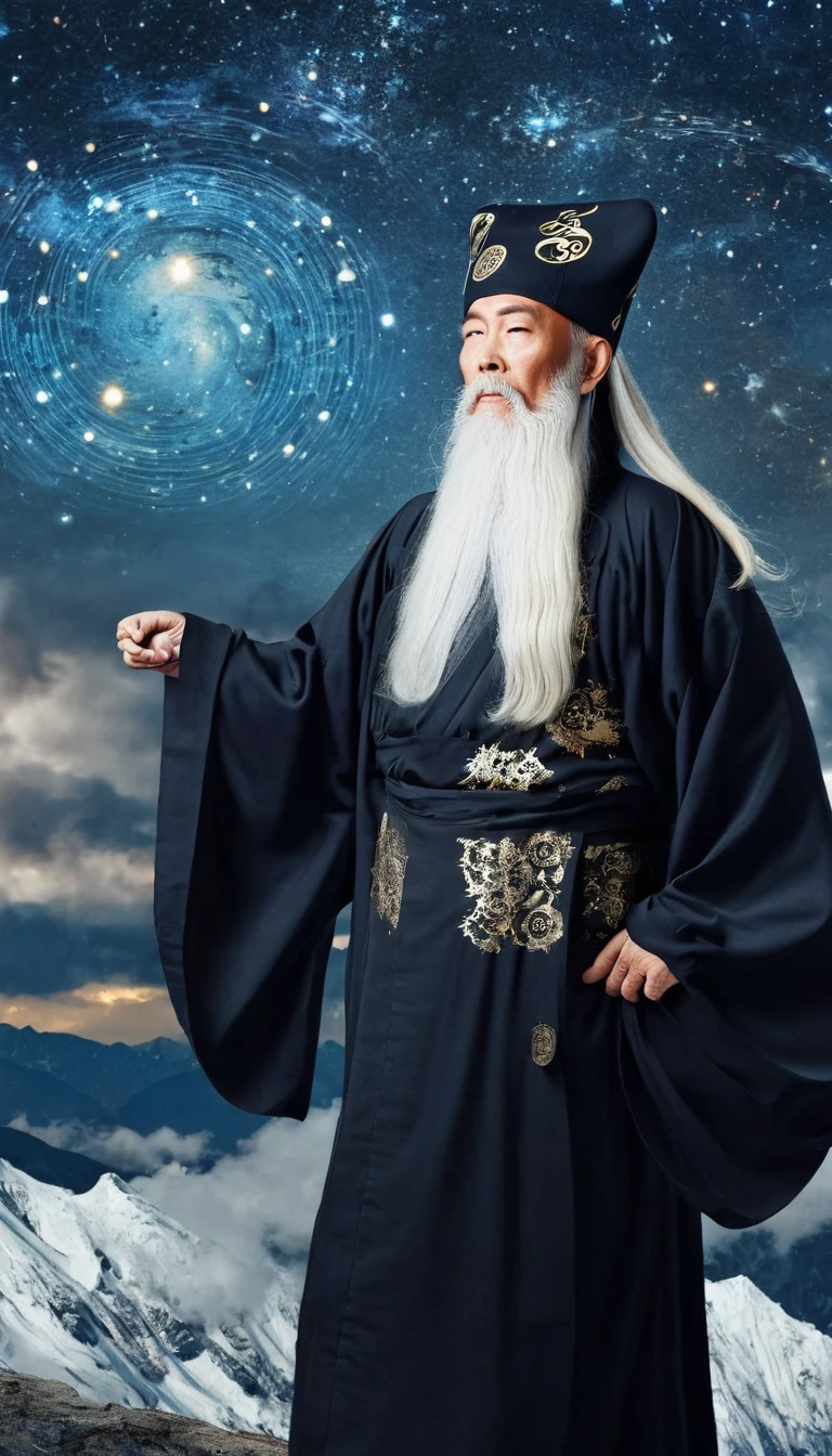 a wise old Chinese Taoist sorcerer in flowing black robe, long white beard and eyebrows, wearing a traditional scholar's hat, standing on a mountain peak gazing at the starry night sky, surrounded by glowing mystical runes and symbols, ethereal atmosphere, highly detailed, cinematic lighting, digital art, concept art, fantasy