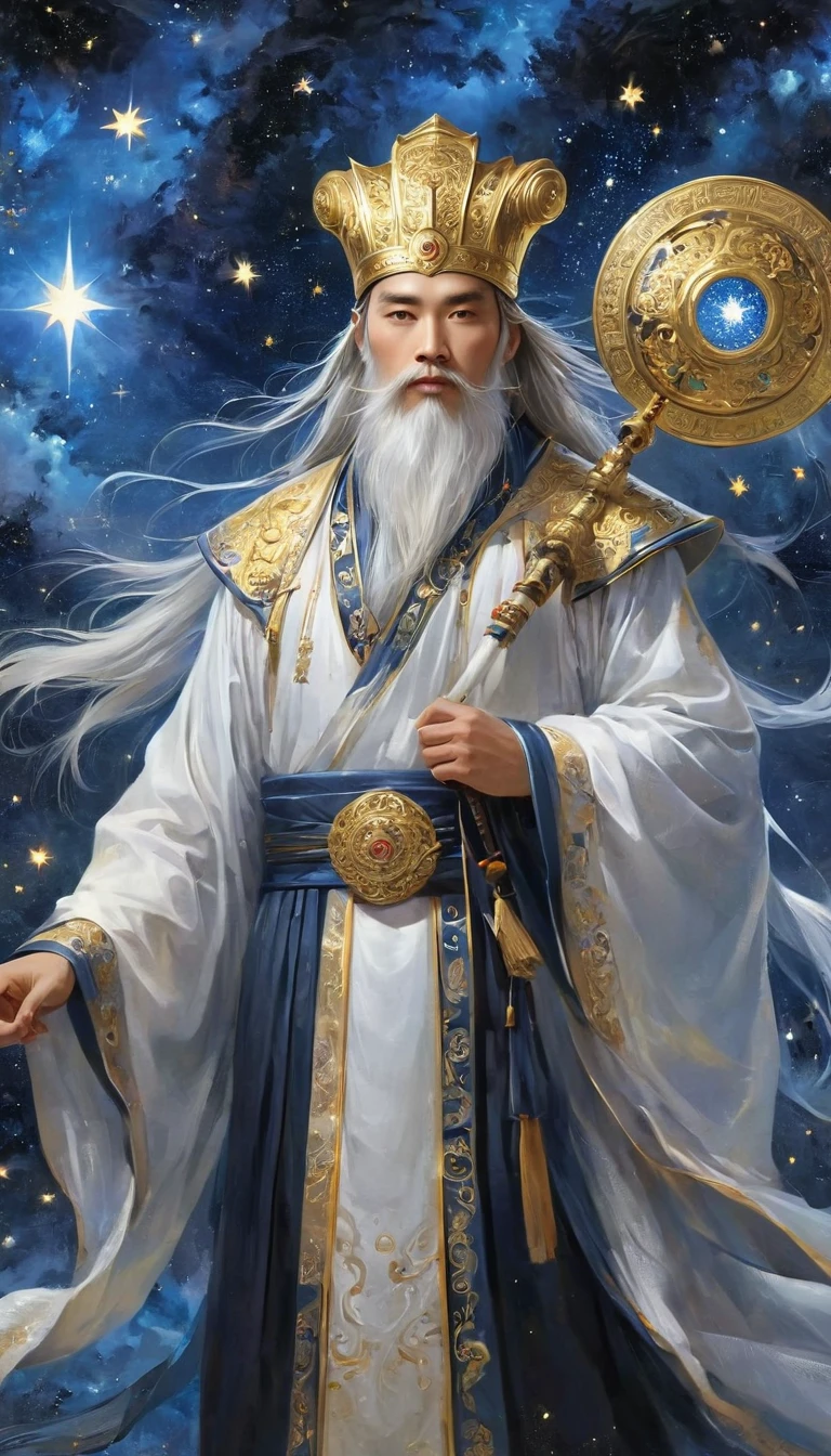 a wise old Chinese Taoist sorcerer in flowing black robe, long white beard and eyebrows, wearing a traditional scholar's hat, standing on a mountain peak gazing at the starry night sky, surrounded by glowing mystical runes and symbols, ethereal atmosphere, highly detailed, cinematic lighting, digital art, concept art, fantasy