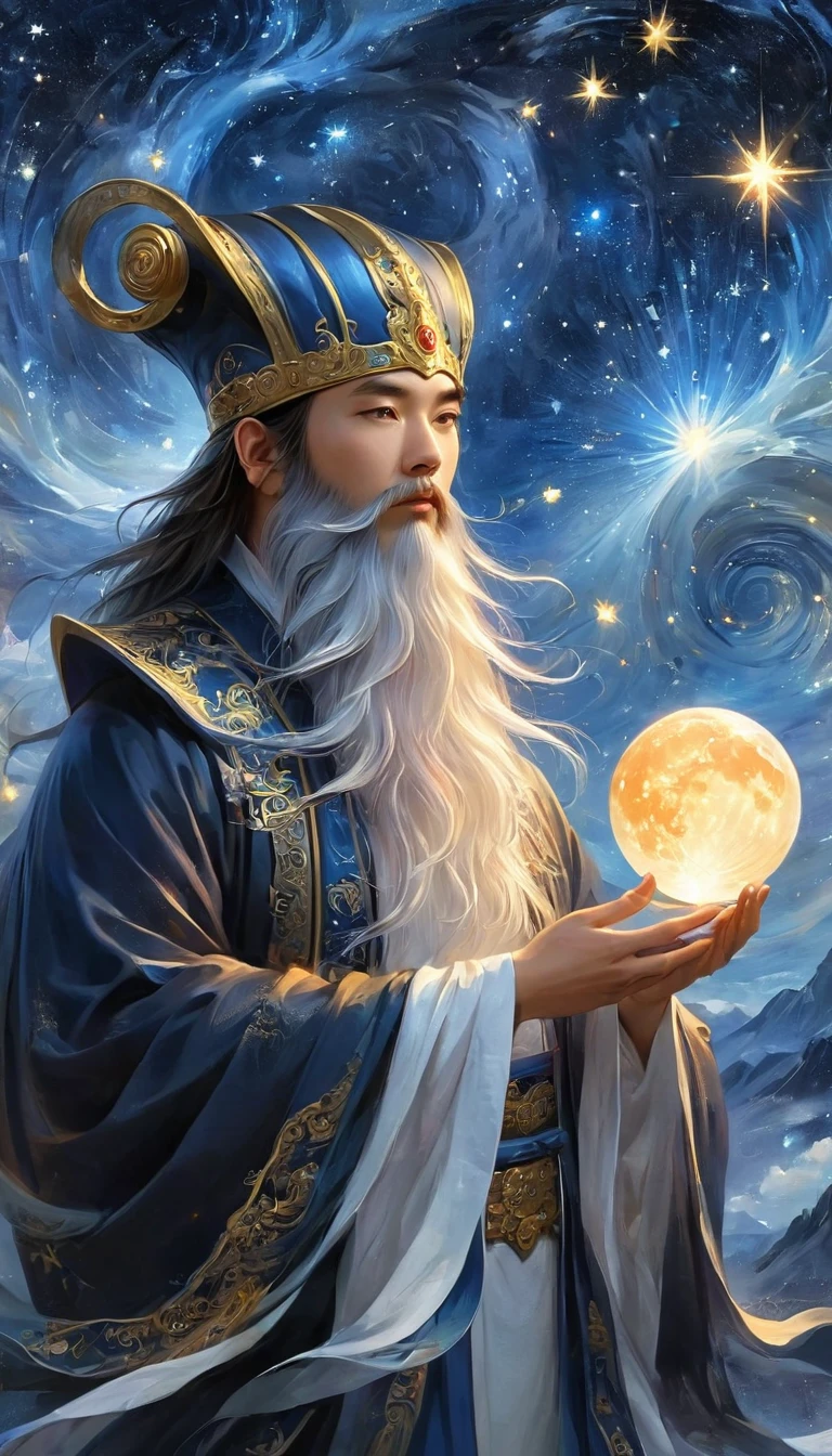 a wise old Chinese Taoist sorcerer in flowing black robe, long white beard and eyebrows, wearing a traditional scholar's hat, standing on a mountain peak gazing at the starry night sky, surrounded by glowing mystical runes and symbols, ethereal atmosphere, highly detailed, cinematic lighting, digital art, concept art, fantasy