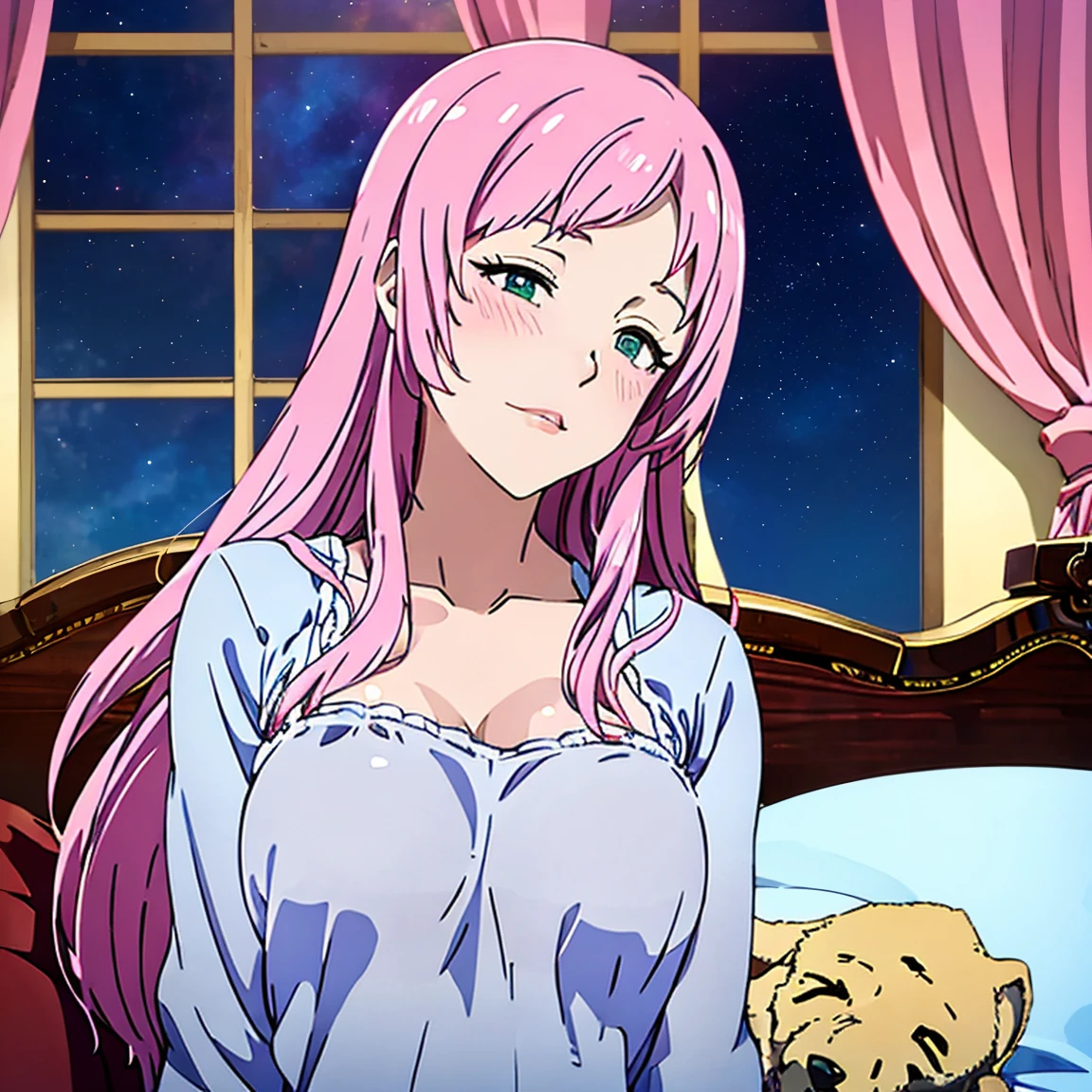 (((Akari Watanabe))), (masterpiece, best quality), ((extremely detailed, intricate details, lush detail, insanely detailed face, beautiful green eyes, lips, detailed skin, very wide-eyed, skinny)), (( floating hair, shiny skin)), (1girl), wide hips, narrow waist, thick thighs, ((big pupil)) , nervous, ((happy, smile, long hair, younger, blush, tall, black outline, pink hair, straight hair, seductive eyes, mature female, older, very long hair)), 1girl,alone, toned, ((((dark bedroom, in front of a big window, night sky outside, upper body focus)))), pink hair, breasts, long hair, blue eyes, full body, looking at viewer, gyaru, standing, smile, bowtie, shoulder cutout, closed mouth, pink nails, heart, bangs, nail polish, medium breasts,(((1girl, cute sleep wear)))