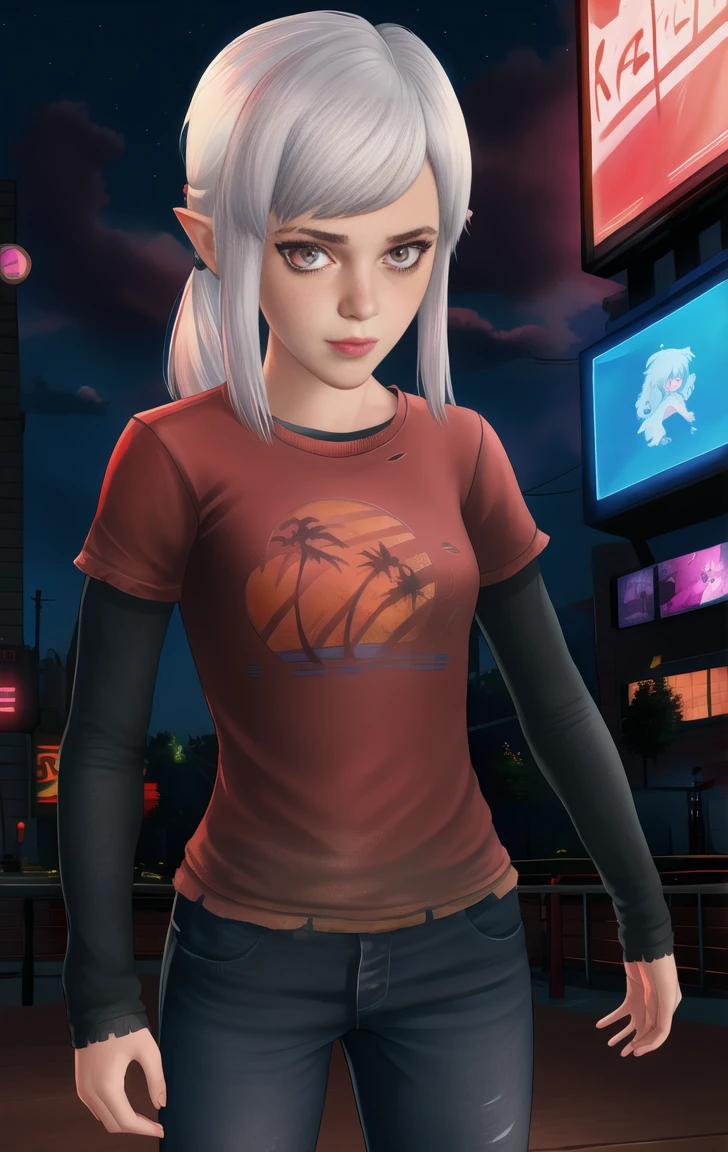 red shirt, long sleeves, standing, neon lights, night, looking at viewer, blue jeans, solo, warlysithea, white hair, pink eyes, elliet1