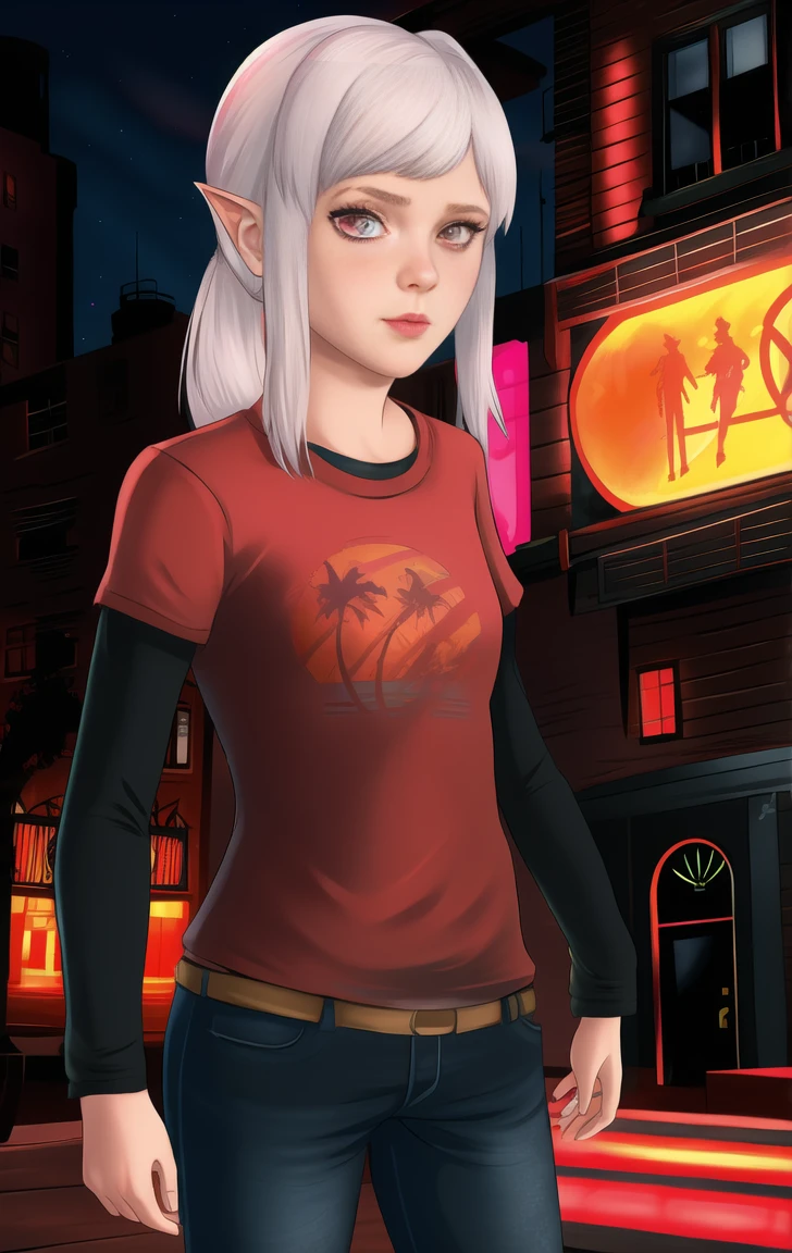 red shirt, long sleeves, standing, neon lights, night, looking at viewer, blue jeans, solo, warlysithea, white hair, pink eyes, elliet1