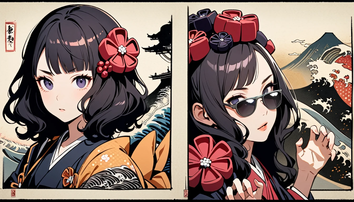 (((Horror elements))), (((claw pose))), (((Highest quality))), (((Katsushika Hokusai))), (((Ink Painting))), ((very straight longhair)), ((1 girl)), ((Half of his face is a robot)), ((Beautiful girl in sunglasses)), Japanese style headphones, Black Hair, Delicate and precise, Modern ukiyo-e style, head shot