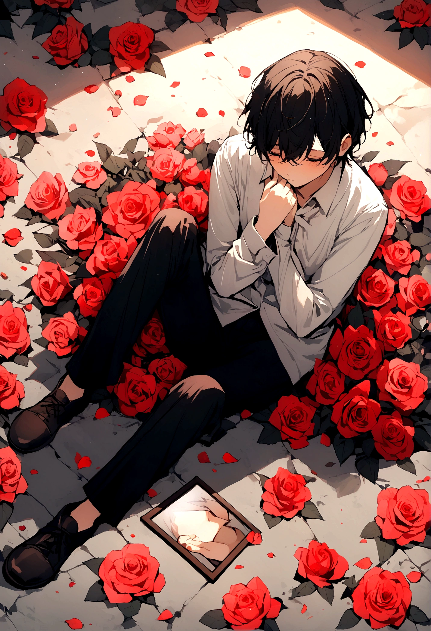 Create a picture of a sad boy with roses on the ground