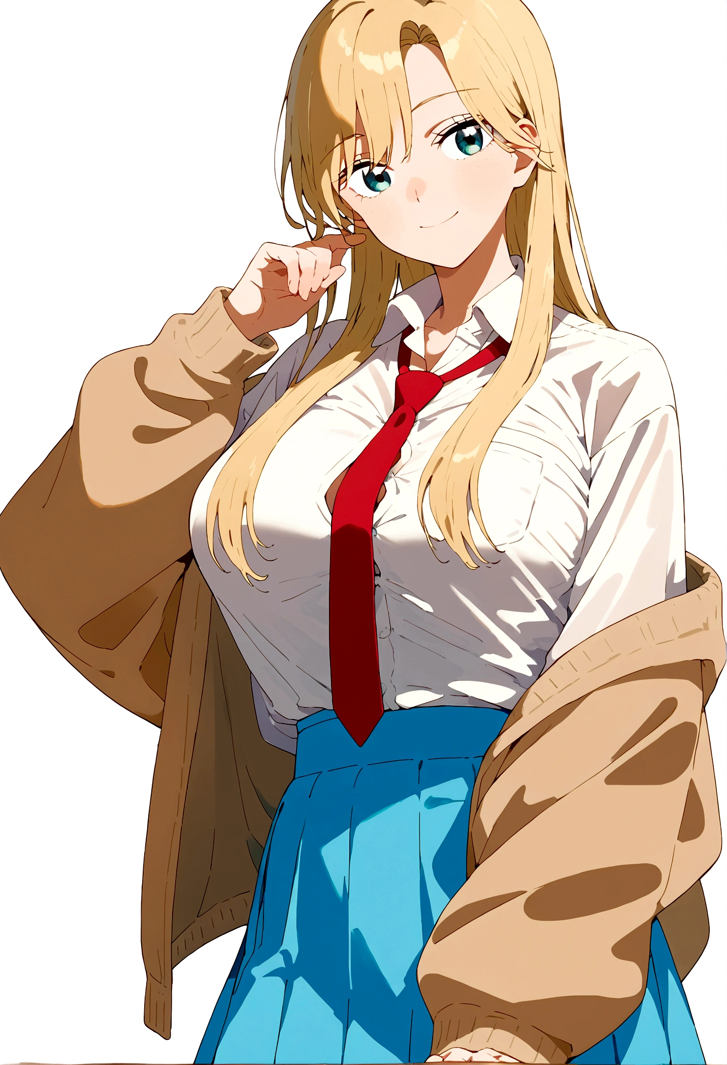 score_9, score_8_up, score_7_up, source_anime, anime coloring, flat color, BREAK yuzukiv1, long hair, grey eyes, 1girl, solo, looking at viewer, smile, blue eyes, skirt, blonde hair, simple background, shirt, long sleeves, white background, , white shirt, pleated skirt, necktie, collared shirt, blue skirt, cardigan, red necktie, big breasts