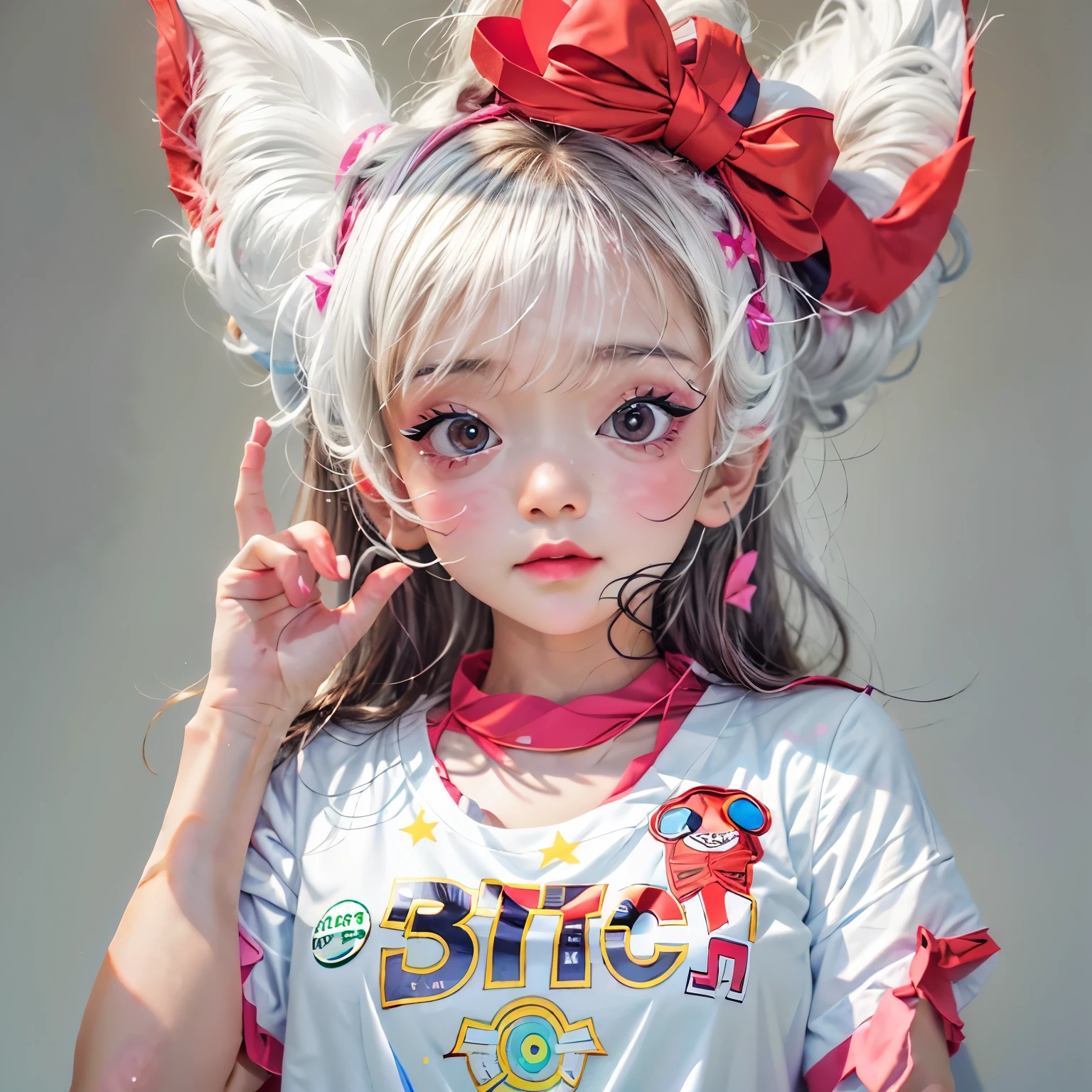 White and Bright Red, (Masterpiece 8K TopQuality:1.2) (ProfessionalPhoto:1.37) ExtremelyDetailed (((PUNIPUNI KAWAII girl in WHITE "SUPER BITCH" Printed T-shirt:1.4))) (Lying FullBody on back from DirectlyAbove:1.28) glowing body