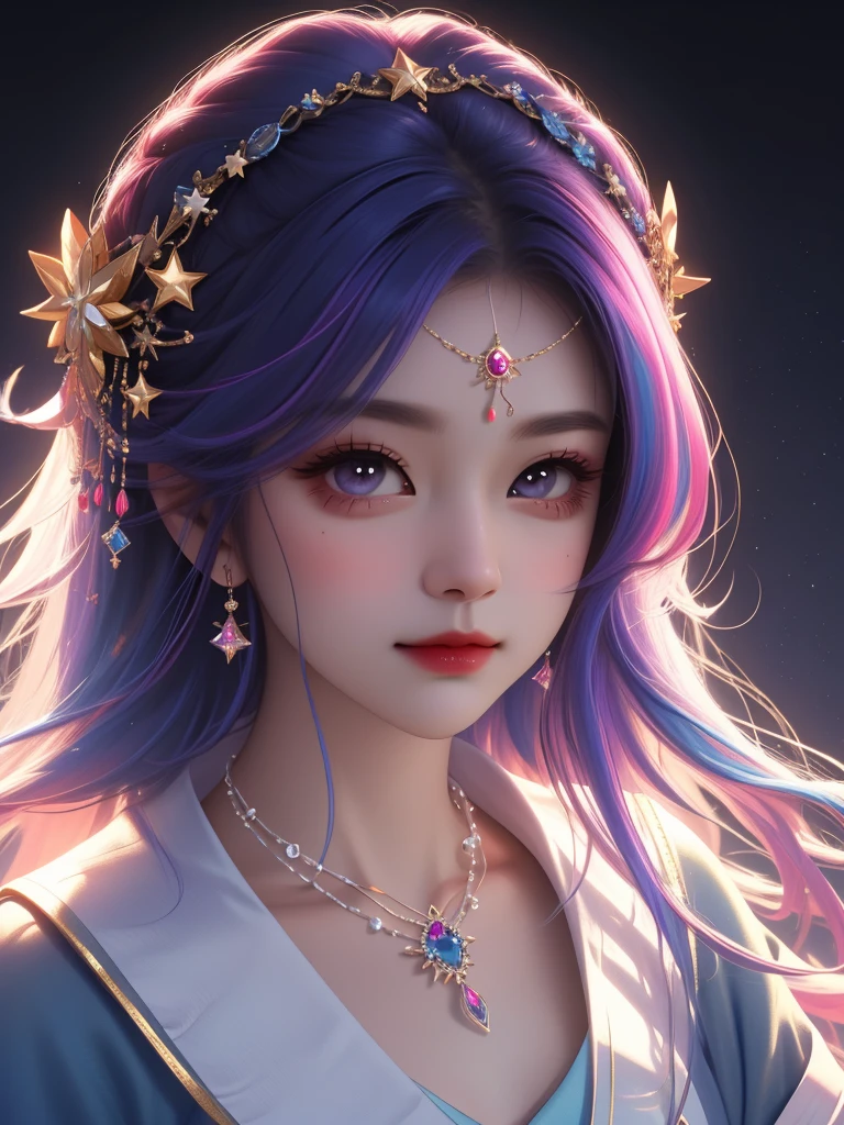 best quality, masterpiece, high resolution, 1 Girl,flirtatious,Colored hair,(Charming smile:0.8),Star-shaped pupil,china hanfu,Hair accessories,necklace, Jewelry,Pretty Face,Above_Body, Tyndall effect,Reality, Dark Studio, Rim Light, Two-tone lighting,(High Detail Skin:1.2), 8K uhd, Digital SLR Camera, Soft lighting, high quality, Volumetric Lighting, frank, photo, high resolution, 4K, 8K, Bokeh
