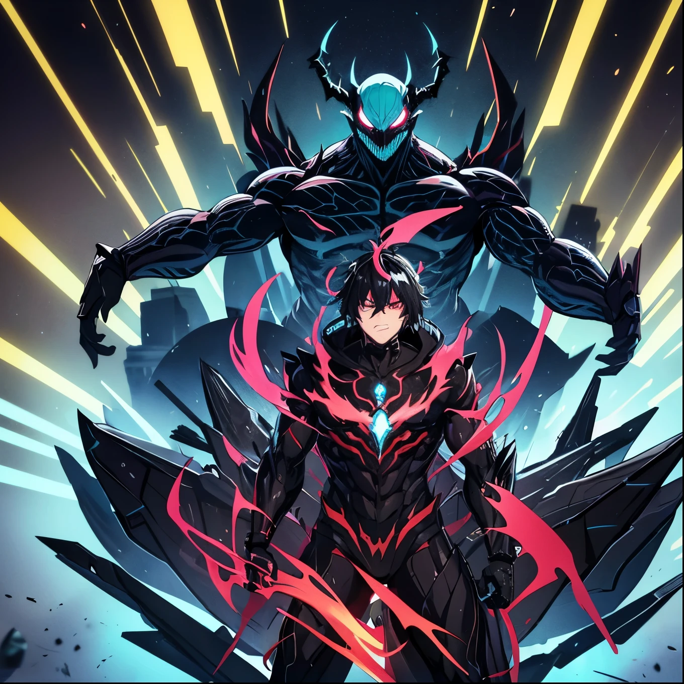 anime character with glowing eyes and horned head in a lightning storm, This character has cryokinesis, poisonous, venom symbiote, from cryptid academia, transforming into its final form, symbiote, cyborg dragon portrait, venom fangs, From the Supreme Lord, from the Pacific Rim, cyborg vegetable dragon, an epic anime of an energetic man, Kaiju number 11 humanoid