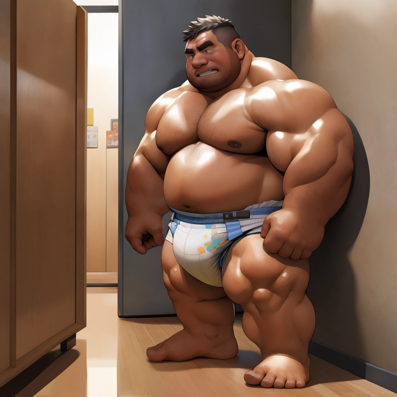 masterpiece, Top quality, in 32K, perfect anatomy, hyper detailed, super fine illustration, The thick man is a brutal prisoner, retarded, hairy, human, 50yo in japan, (fatness: 1.0), Fatty muscle, Bowleg, disappointment, incontinent, be diaper check by children, There is a small puddle under him, Naked, short legs, Bowleg, spread legs, wear a White cloth Diaper, Bare belly, Bare legs, Bare foots, Bare soles, Shirtless, wide forehead and short thinning hair, Man with round  face with stubble, Bare foots, Bare soles, shy, sissy, Weaker than children, Drool, Round face, He enters nursery school and is despised by children, He is made to stand attention in the corner of the playroom, corner time, He surrounded by children, Bare foots, big butt, White Diaper, sobbing, There is a small puddle under him