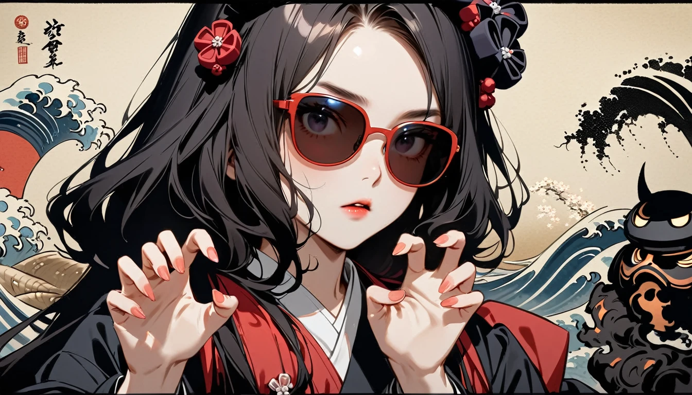 (((Horror elements))), (((claw pose))), (((Highest quality))), (((Katsushika Hokusai))), (((Ink Painting))), ((very straight longhair)), ((1 girl)), ((Half of his face is a robot)), ((Beautiful girl in sunglasses)), Japanese style headphones, Black Hair, Delicate and precise, Modern ukiyo-e style, head shot