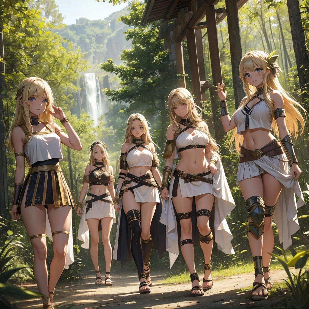 young greek warriors girls in togas , only girls , forest in the background ,five girls, sandals , sexy , multiple girls ,exposed belly, toned body, slim body, curves , blonde hair , light armor , knee pads, elbow pads,