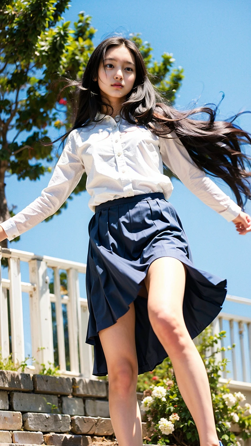 ((Viewing angle from below、Highest quality、masterpiece、32k、Every detail))、Descend the outdoor stairs、commute、Systemic manifestations、Traditional navy blue sailor uniform、White blouse、Pleated skirt、(((A strong wind blows my hair and skirt away:1.62)))、((I always carry the shoulder strap of my bag across my body..:1.22))、One Girl, alone、(((mini skirt, No underwear:1.22)))、Big Breasts、barefoot, High heels