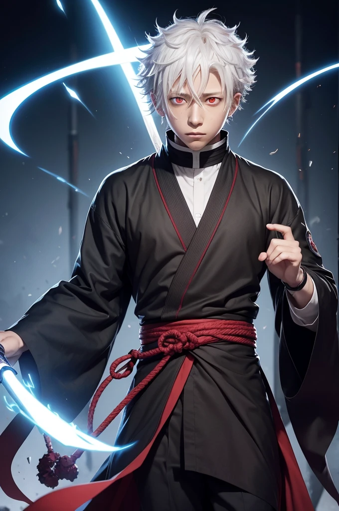 White and curly hair 1,70 tall Ethnicity black Gender male 10 years old Jujutsu kaisen sorcerer uniform Red eyes Looks like a character from the anime jujutsu kaisen Sukuna domain expansion scene Uses a funky katana Anime style