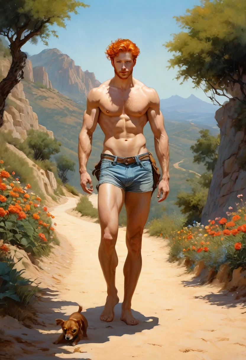 1 latino man walking next to a ginger man in a pathway by Aaron Horkey and Jeremy Mann, masterpiece, best quality, Photorealistic, ultra-high resolution, photographic light, illustration by MSchiffer, fairytale, Hyper detailed A mixture of photography and painting, simetryc Composition, Perfect Divine Proportione, 8k resolution fullbody image,(( view from the front)) full body, oil painting A young man, white skin, ginger, barbed, hairy body, thin face, straight nose, thin lips, square chin, large light blue eyes, short red wavy hair, in roberto ferri style, aesthetic slim athletic body, ginger realistic skin, gorgeous, detailed tonned muscles, barefoot, perfect anatomy, muscled fitness body, Young man, perfect anatomy, , energetic splendid, Barefoot, naked, small flacid penis, slim and detailed muscles, shirtless, pantless, fullbody, wearing jeans, shirt, boots, hat, sandals, the composition of shadows and lights give an atmosphere of spaciousness, he is walking on a mountaing pathway with flowers smiling pastel colors intrincated detailed scenario in the backgroound, mountain pathway, trees, pastel flowers, small brown dog