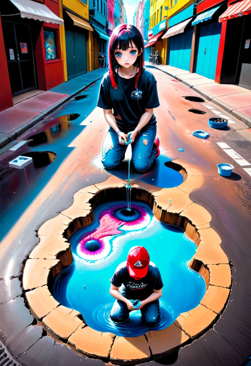 a street artist has painted a completely realistic hole full of water in the middle of a street, the artist with chalk in hand is kneeling beside it. Epic cinematic brilliant stunning intricate meticulously detailed dramatic atmospheric maximalist digital matte painting.