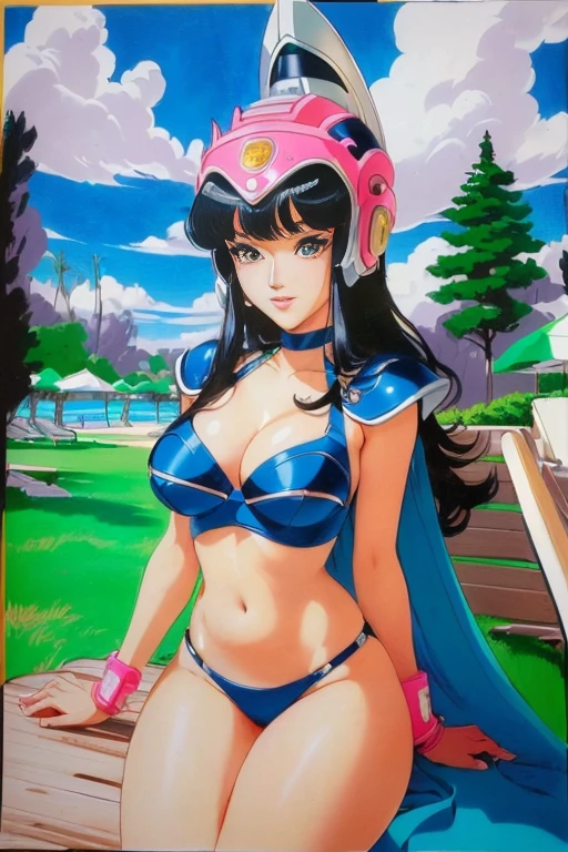 A closeup of a drawing of a woman in a bikini, designed like the speed racer from the anime, 80s anime art style, highly detailed exquisite fanart, Manga painting, inspired by Masamune Shirow, 90s anime art style, in the art style of 80s anime, high quality color drawing, cel - shaded art style