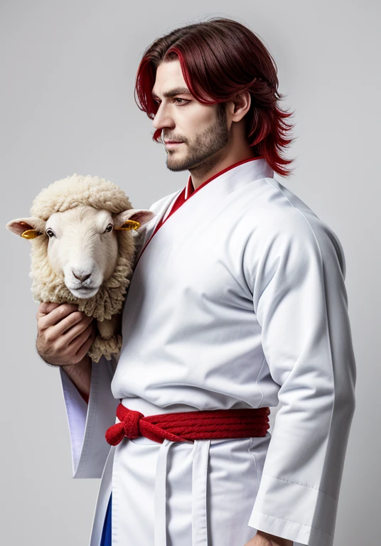 high quality image of realistic subject, white Japanese hakama suit with red landscape decorations, carries three swords, long straight white hair, yellow cloth belt with blue landscape decorations, black half-body armor on the back, blue moon on forehead, bright yellow eyes, red eyeliner on his eyelids, two red horizontal lines on his cheeks, black claws on his hands, holding a fluffy sheepskin on one of his shoulders,