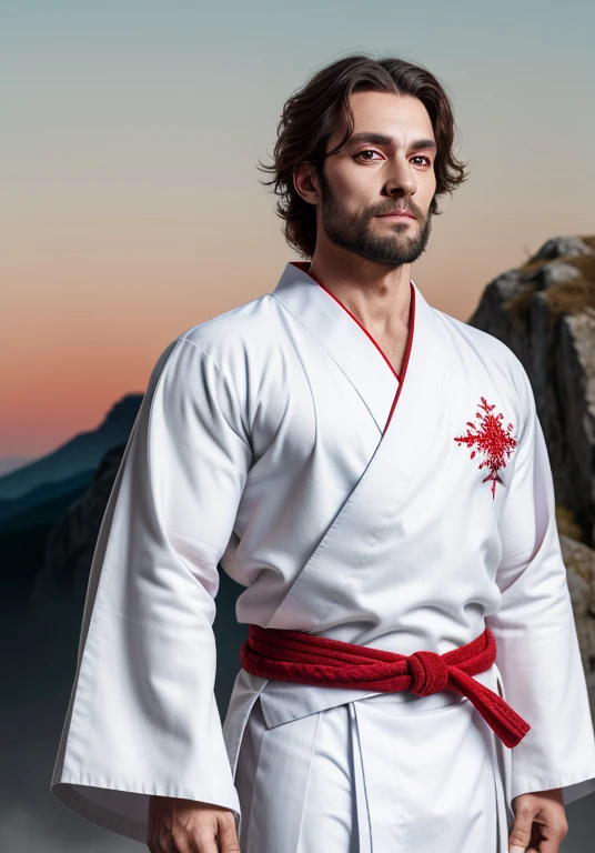 high quality image of realistic subject, white Japanese hakama suit with red landscape decorations, carries three swords, long straight white hair, yellow cloth belt with blue landscape decorations, black half-body armor on the back, blue moon on forehead, bright yellow eyes, red eyeliner on his eyelids, two red horizontal lines on his cheeks, black claws on his hands, holding a fluffy sheepskin on one of his shoulders,