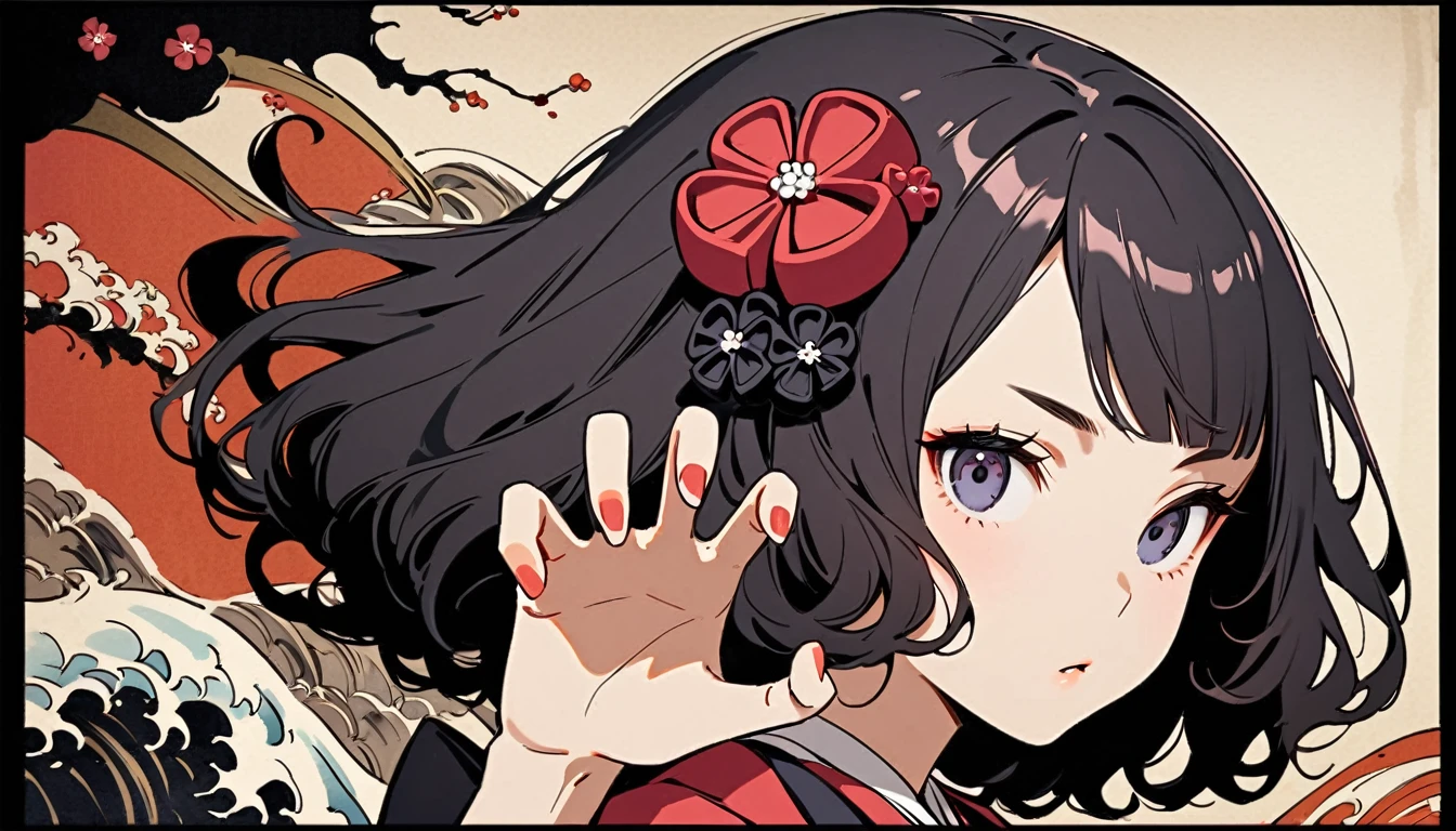 (((Horror elements))), (((claw pose))), (((Highest quality))), (((Katsushika Hokusai))), (((Ink Painting))), ((very straight longhair)), ((1 girl)), ((Gorgeous hair accessories)), ((Beautiful girl in sunglasses)), Japanese style headphones, Black Hair, Delicate and precise, Modern ukiyo-e style, head shot
