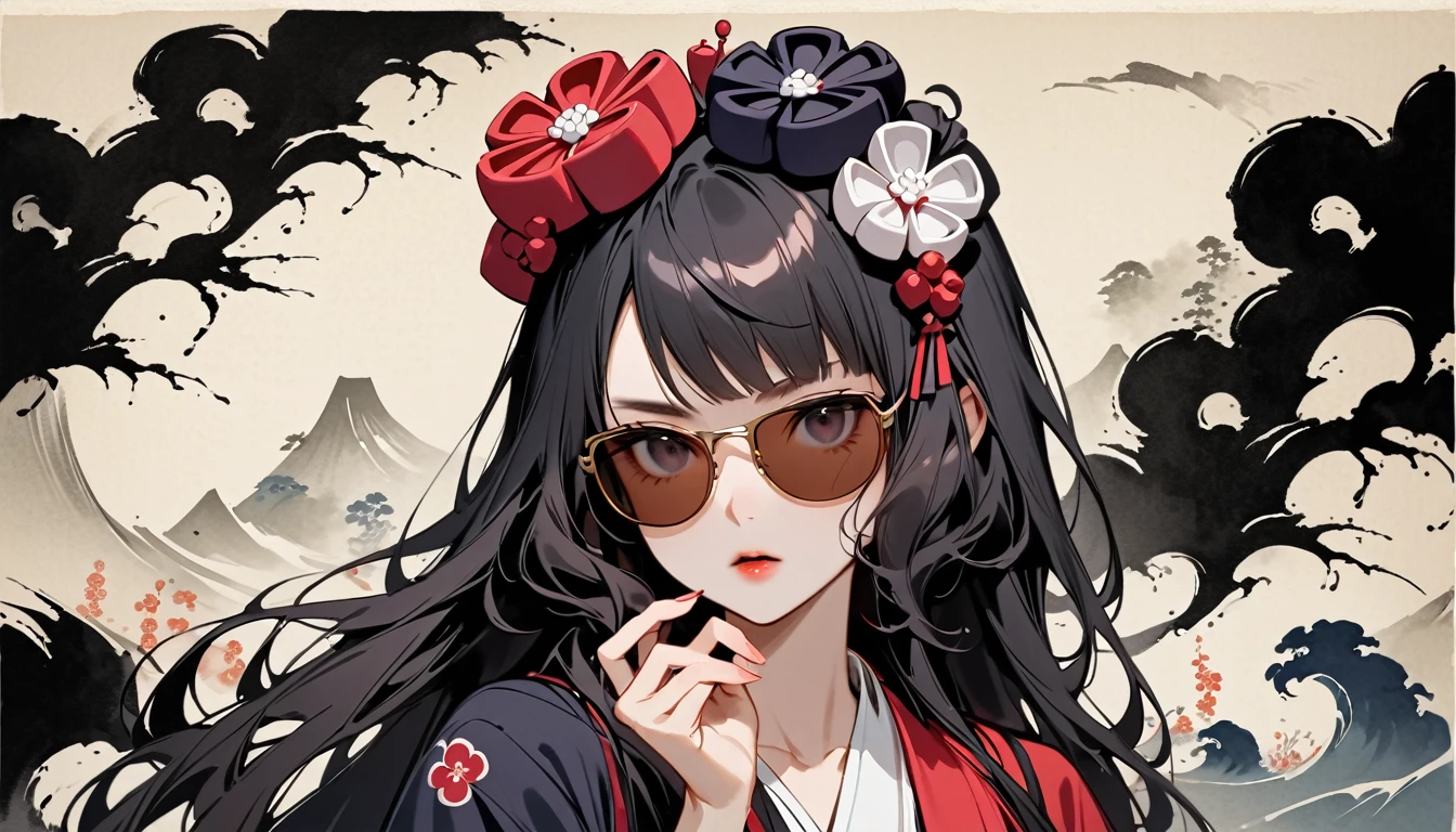 (((Horror elements))), (((claw pose))), (((Highest quality))), (((Katsushika Hokusai))), (((Ink Painting))), ((very straight longhair)), ((1 girl)), ((Gorgeous hair accessories)), ((Beautiful girl in sunglasses)), Japanese style headphones, Black Hair, Delicate and precise, Modern ukiyo-e style, head shot